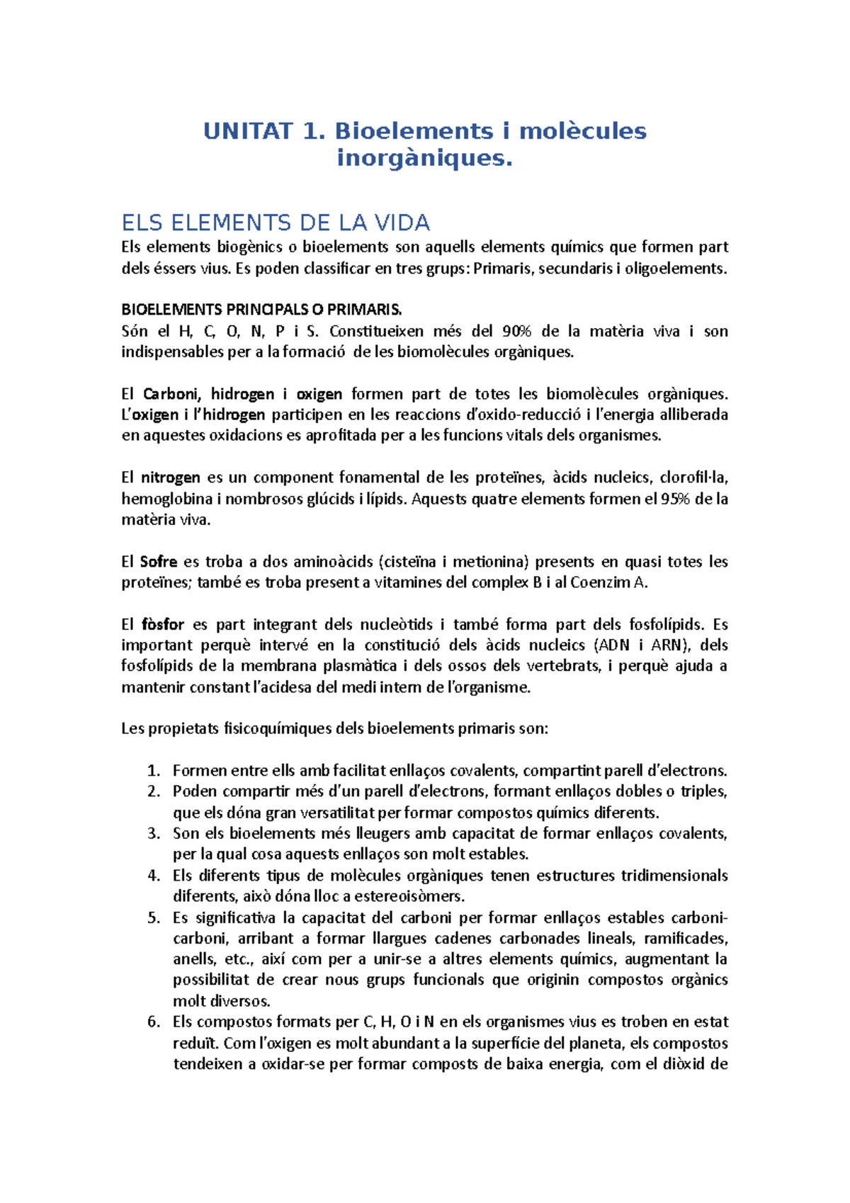 Unitat 1. bioelements i biomolècules inorgàniques - UNITAT 1 ...