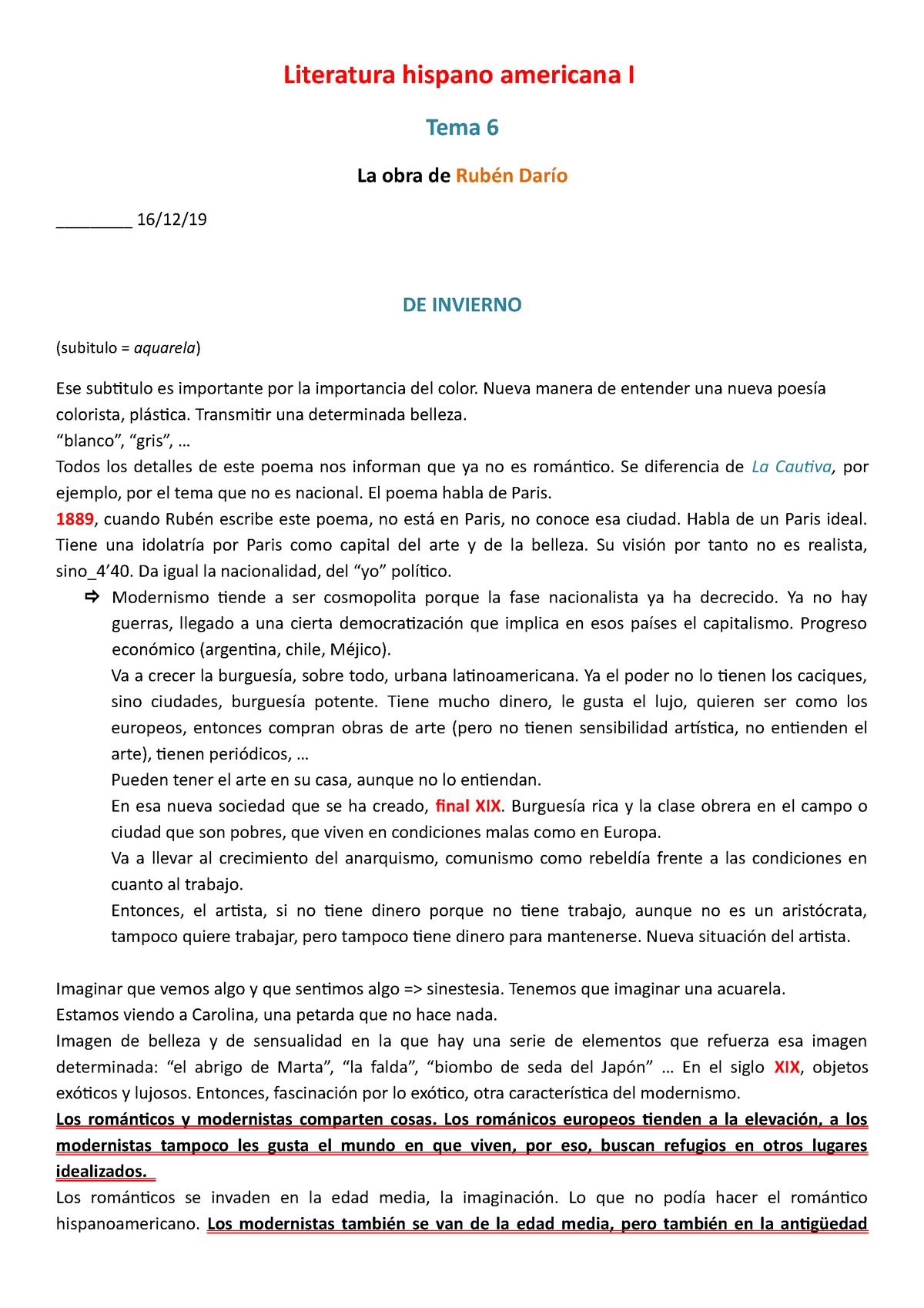 TEMA 6 - La obra de Rubén Darío - Literatura hispano americana I Tema 6 La  obra de Rubén Darío - Studocu