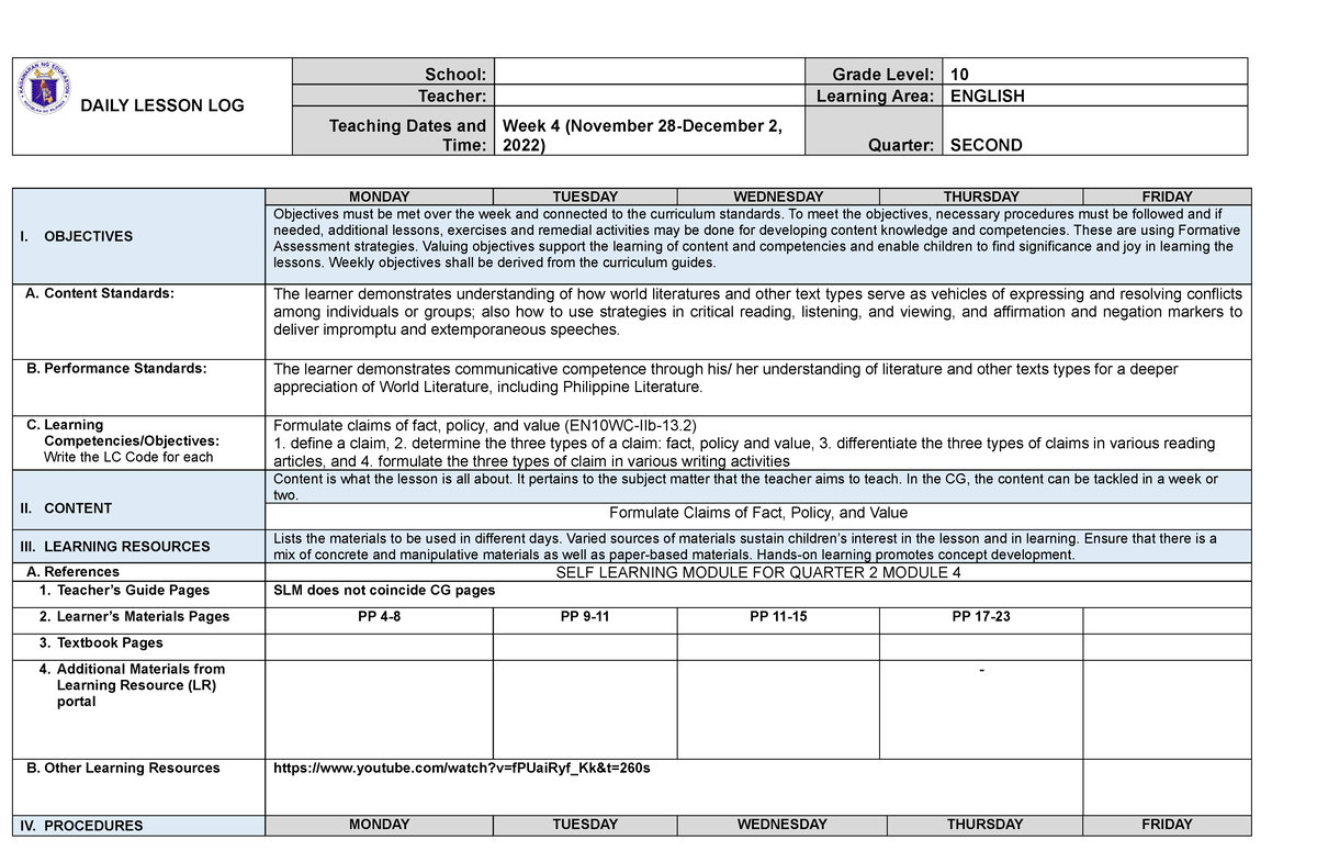 DLL ENG10 WEEK 4 - Sample Daily Lesson Log for English teachers ...