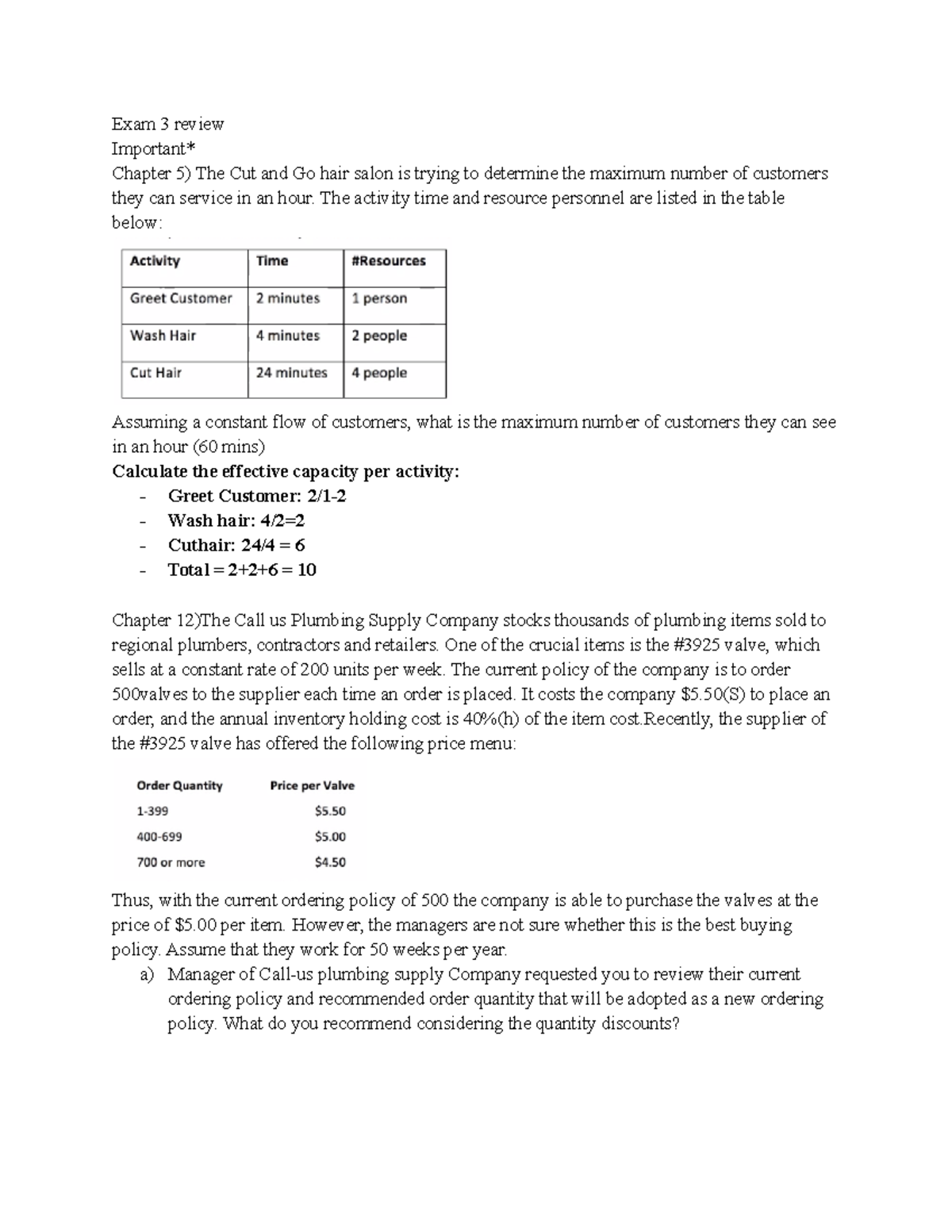 Exam 3 review - Chapter 5, Chapter 12, Chapter 13, 16, Excel work ...
