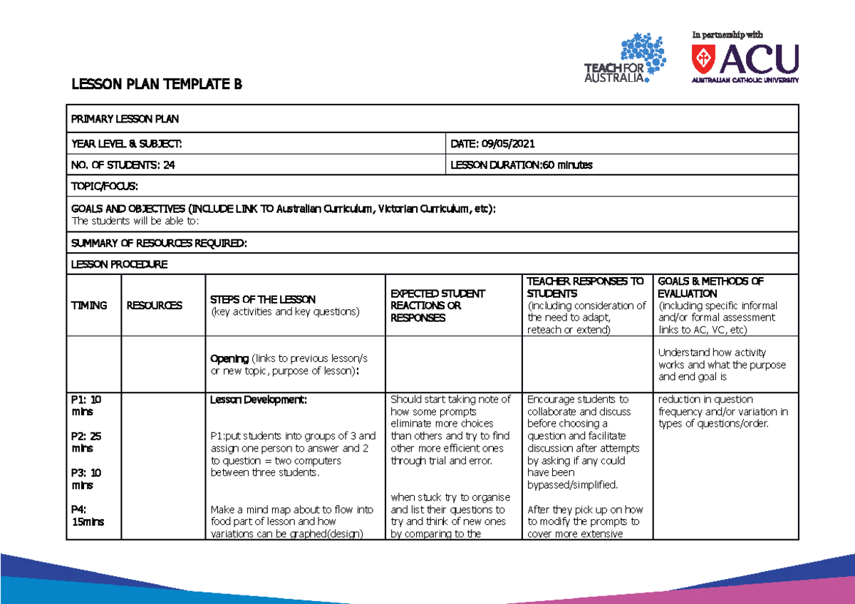 Edts - Technology - Lesson Plan Template B Primary Lesson Plan Year 