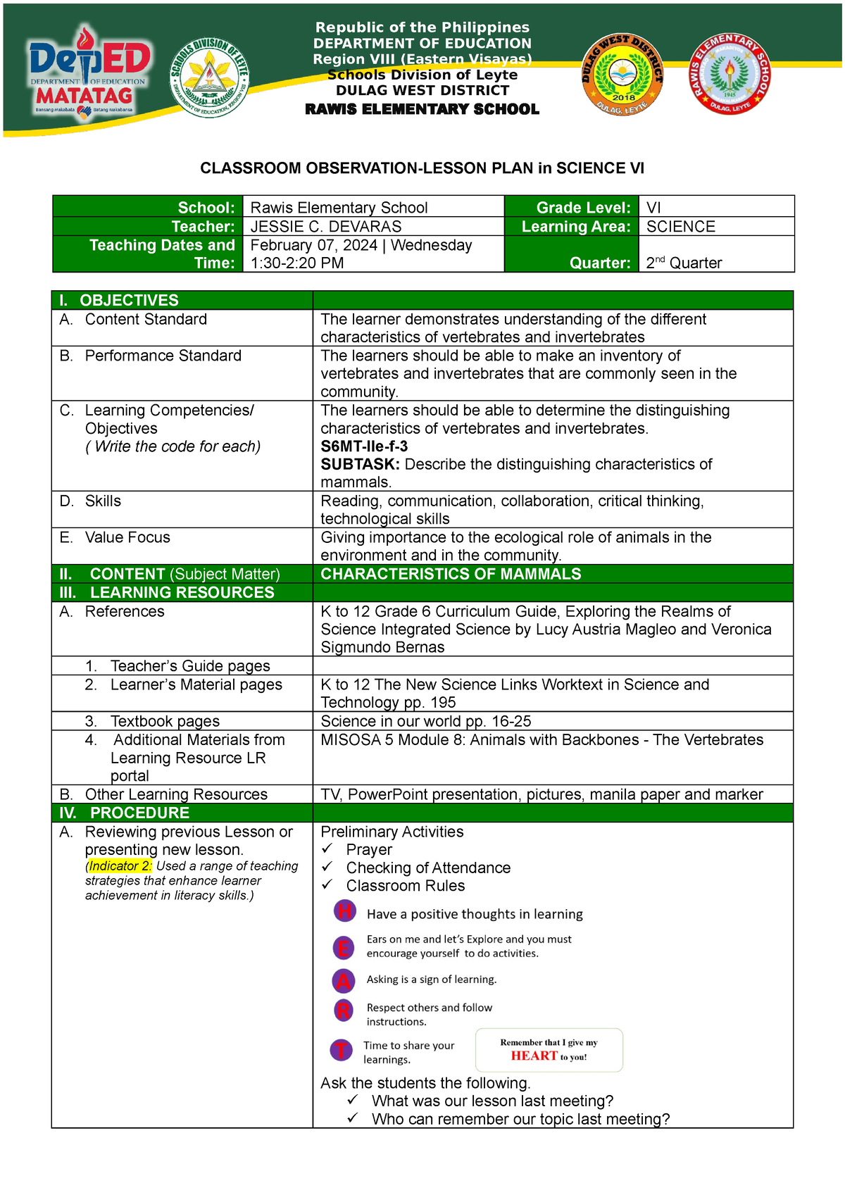 Classroom Observation 2 - CLASSROOM OBSERVATION-LESSON PLAN In SCIENCE ...