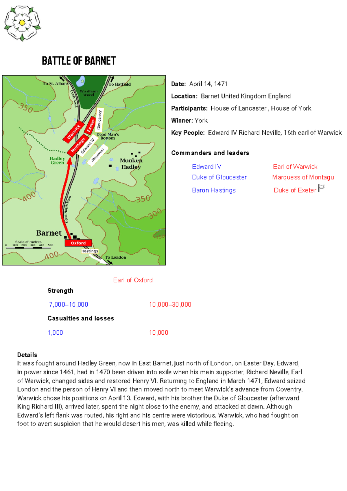 Battle of Barnet - dadad - Battle of Barnet Date: April 14, 1471 ...