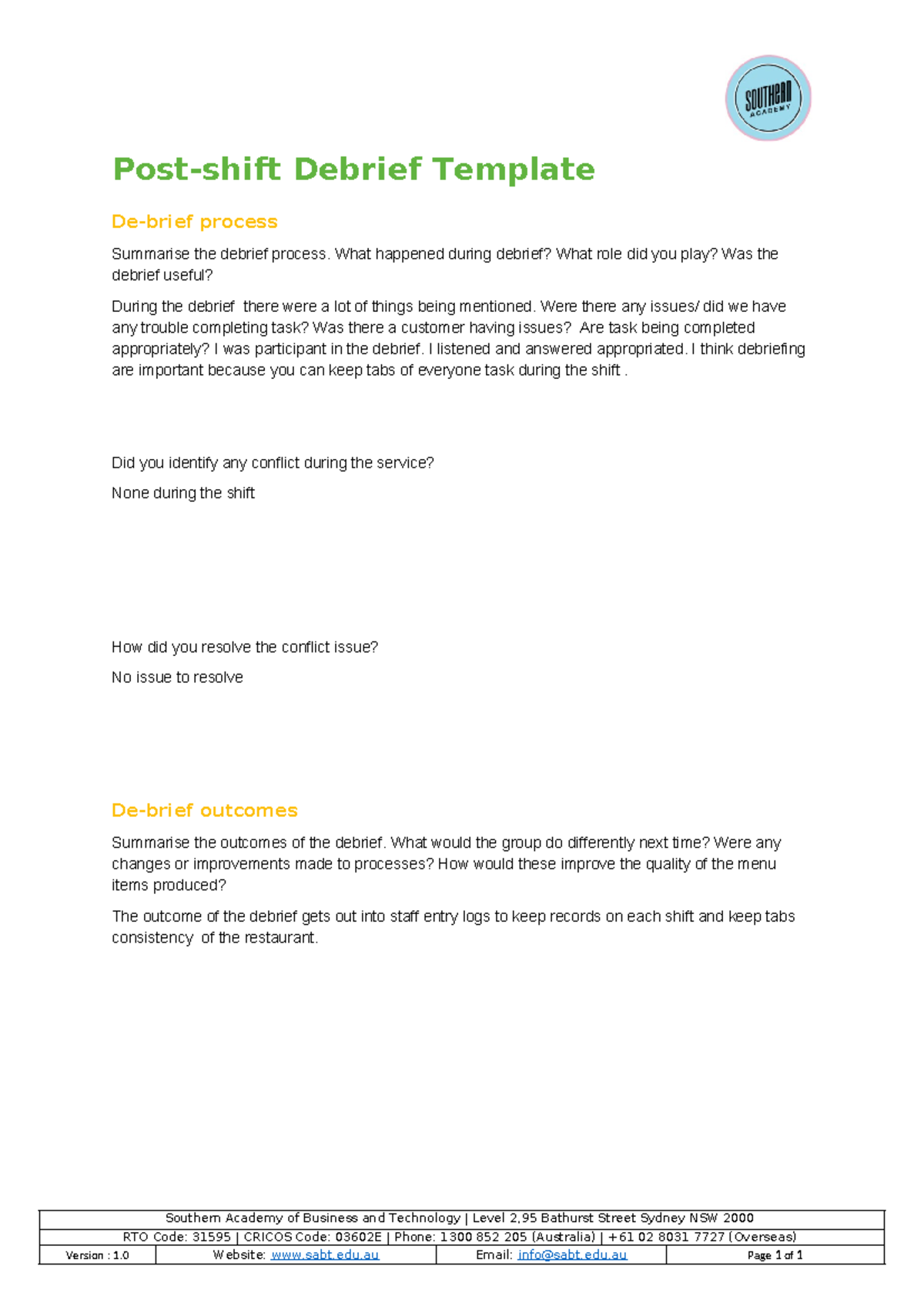 Sithccc 043 Q9 Debrief Template - Post-shift Debrief Template De-brief ...