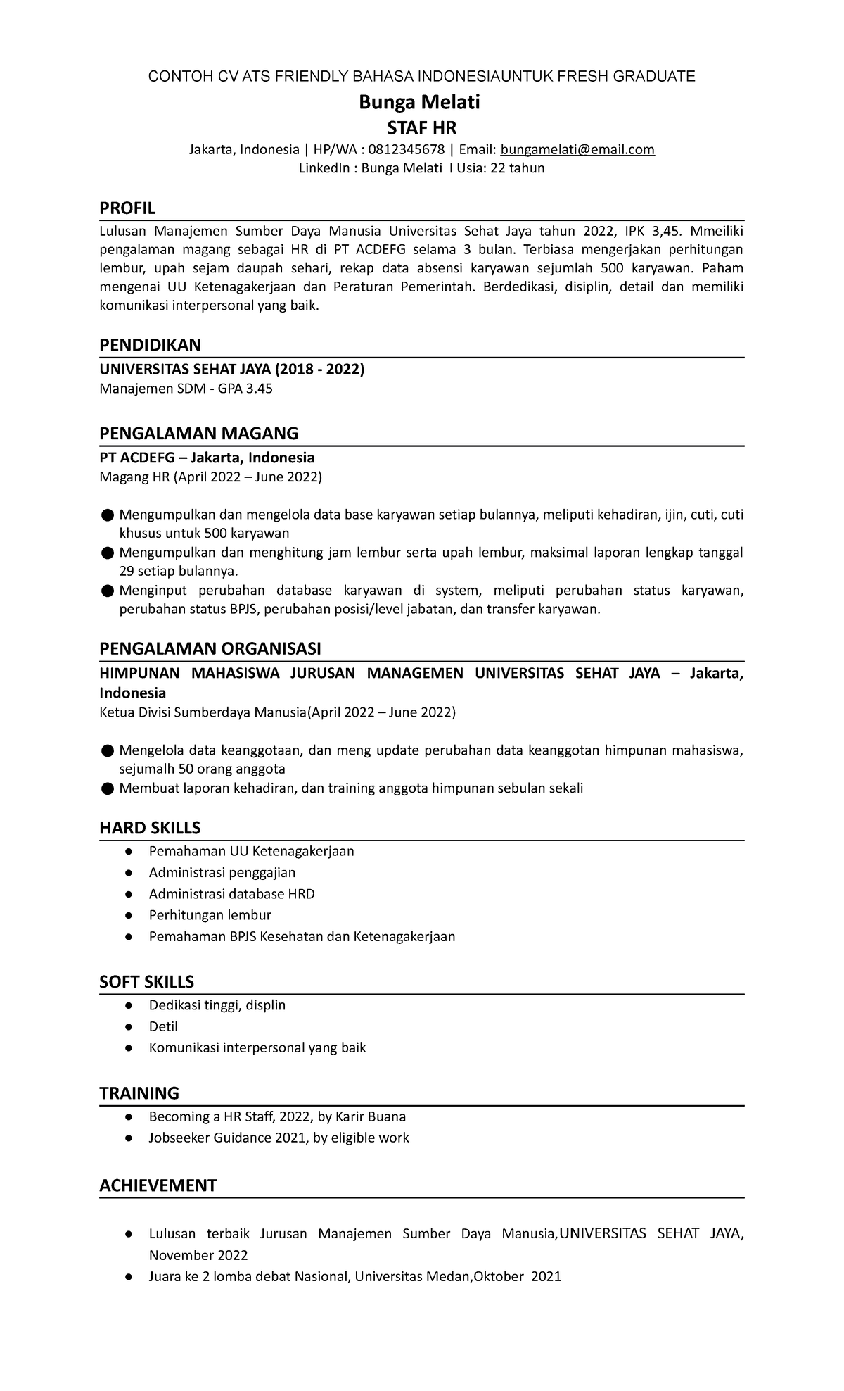 Template Cv Ats Fg Indo Cotnoh Cv Contoh Cv Ats Friendly Bahasa Indonesiauntuk Fresh