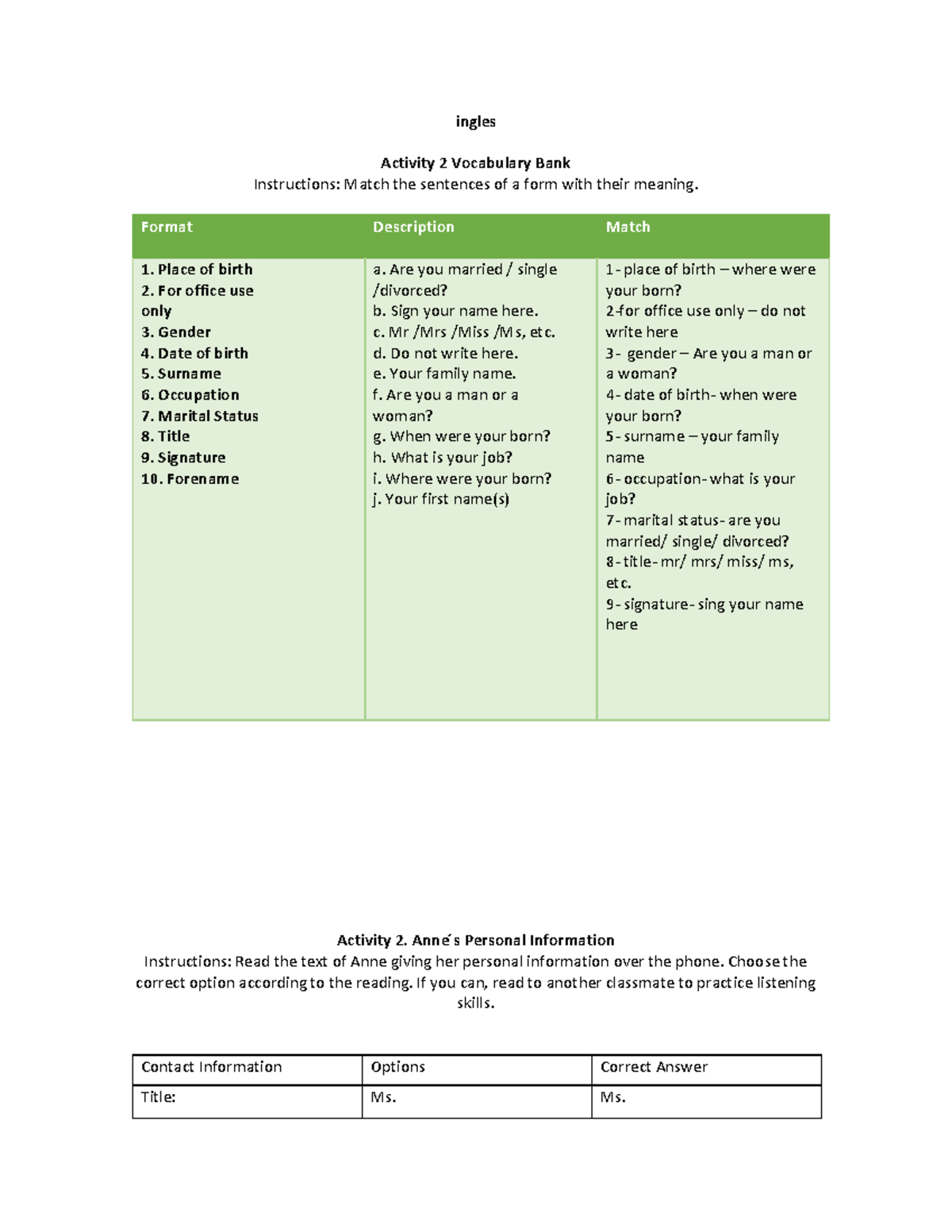 Actividad 2- Ingles 1 - ingles Activity 2 Vocabulary Bank Instructions ...