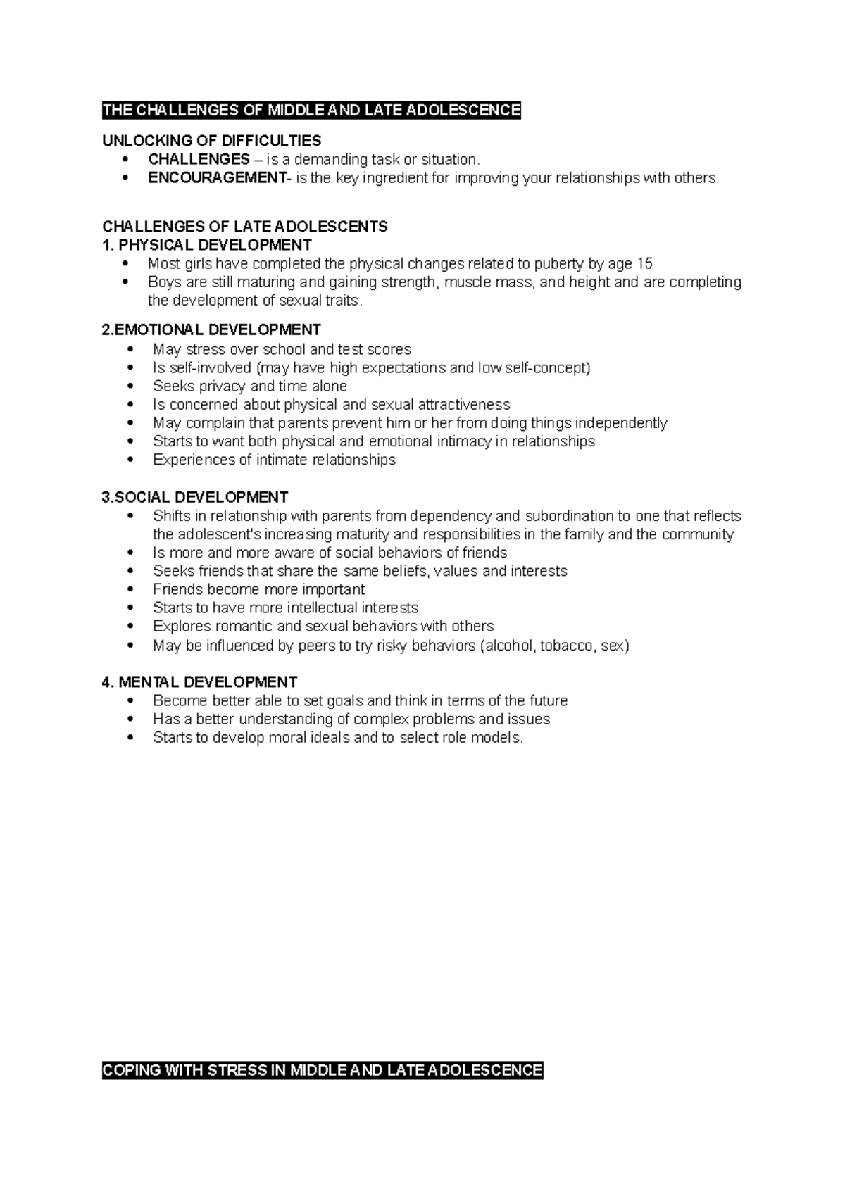 Perdev - School note - THE CHALLENGES OF MIDDLE AND LATE ADOLESCENCE ...