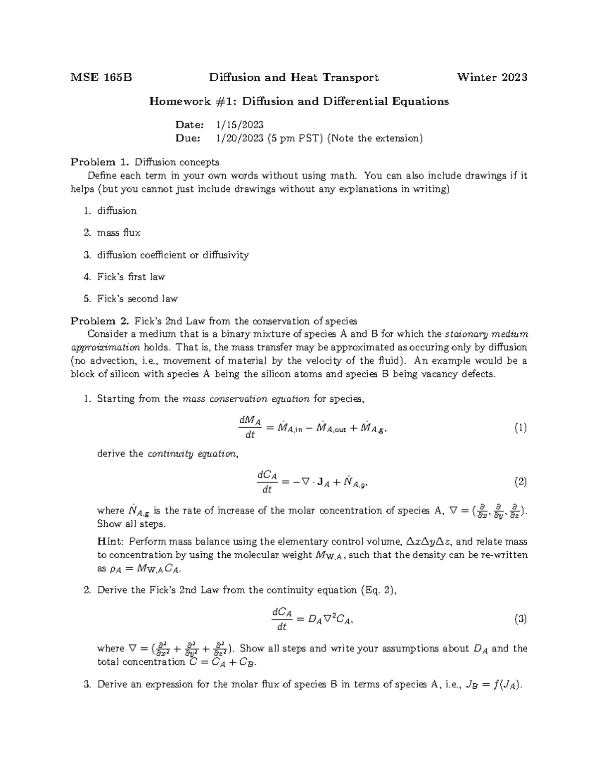 Diffusion And Heat Transport Homework - Studocu