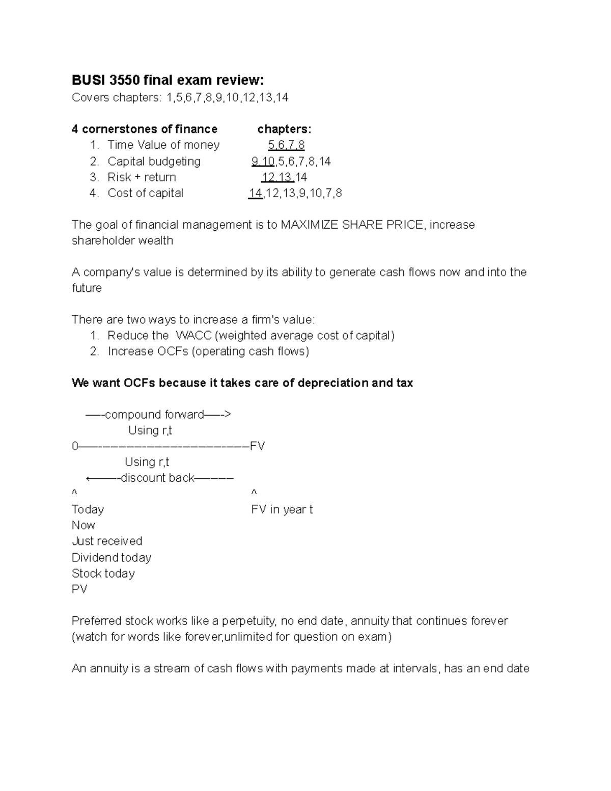 Financial management 1 final exam review - BUSI 3550 final exam review ...