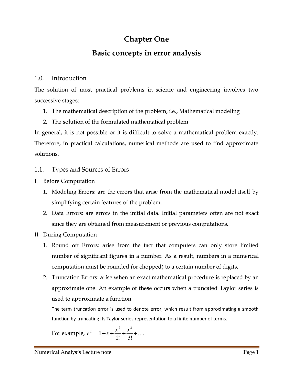 Numerical Lecture Note - Chapter One Basic Concepts In Error Analysis 1 ...