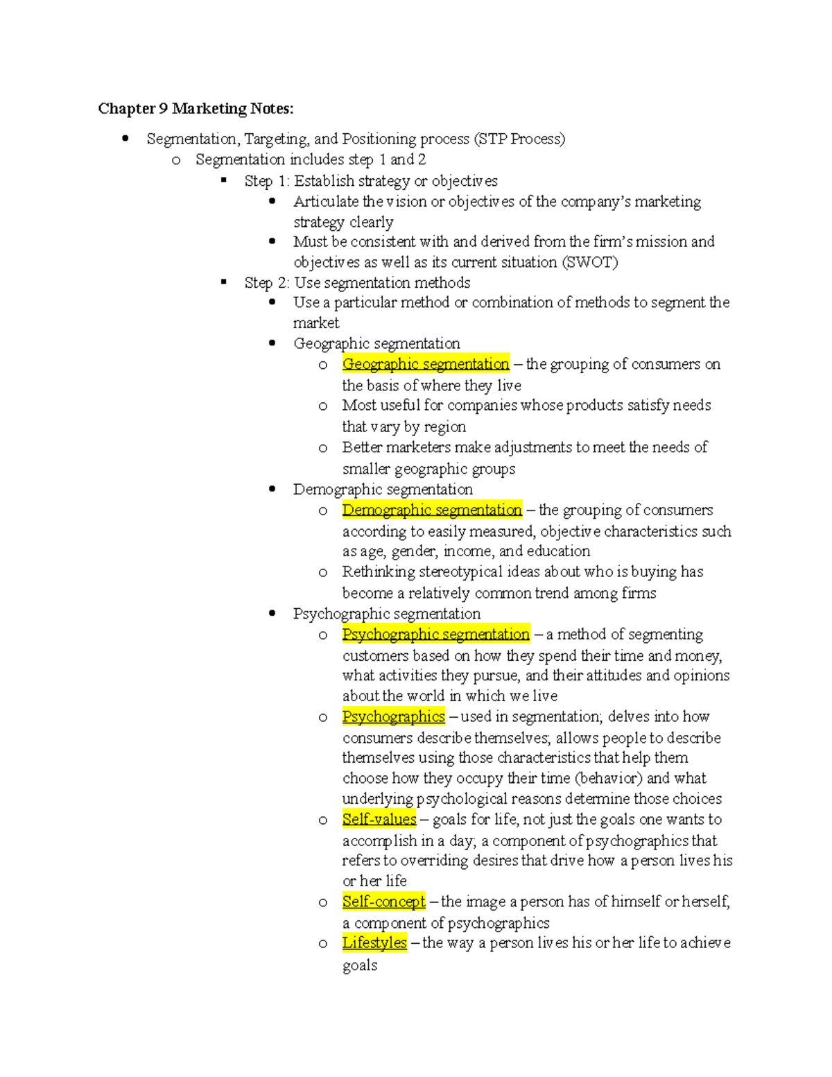 Chapter 9 Marketing Notes - Chapter 9 Marketing Notes: Segmentation ...