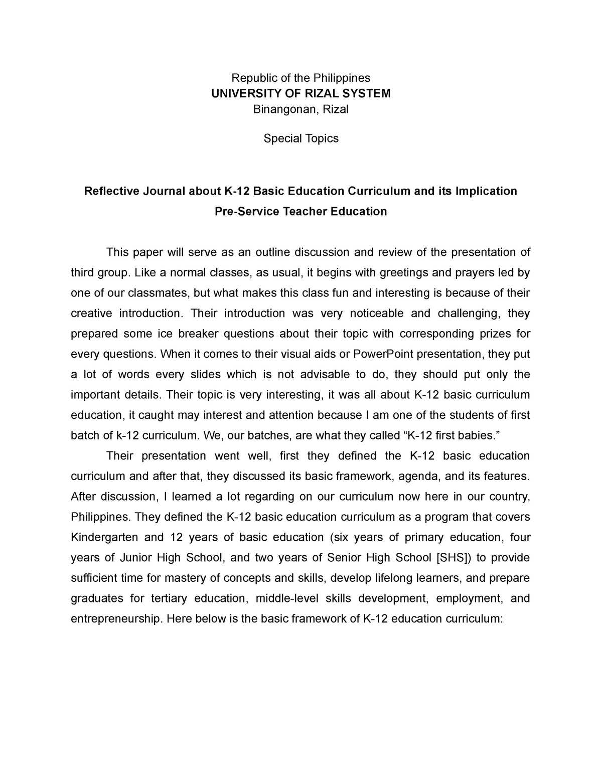 educational research reflection paper