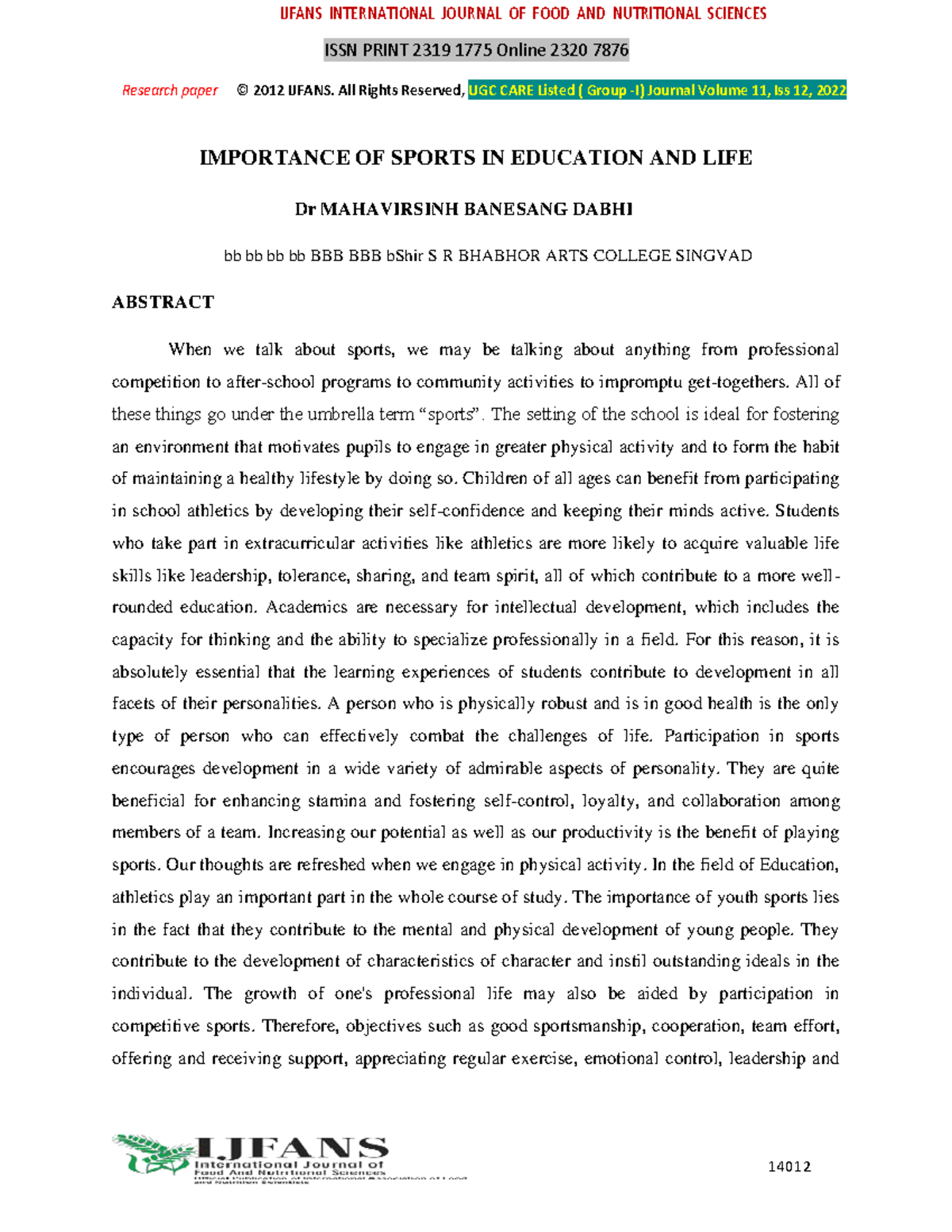 Importance of sports in education and life - ISSN PRINT 2319 1775 ...