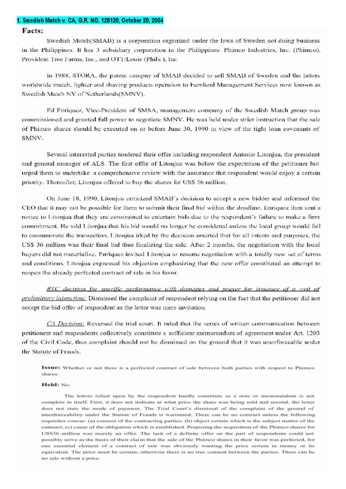RFBT-cases - Law on Sales - Katotohanan: Ang Swedish Match (SMAB) ay ...