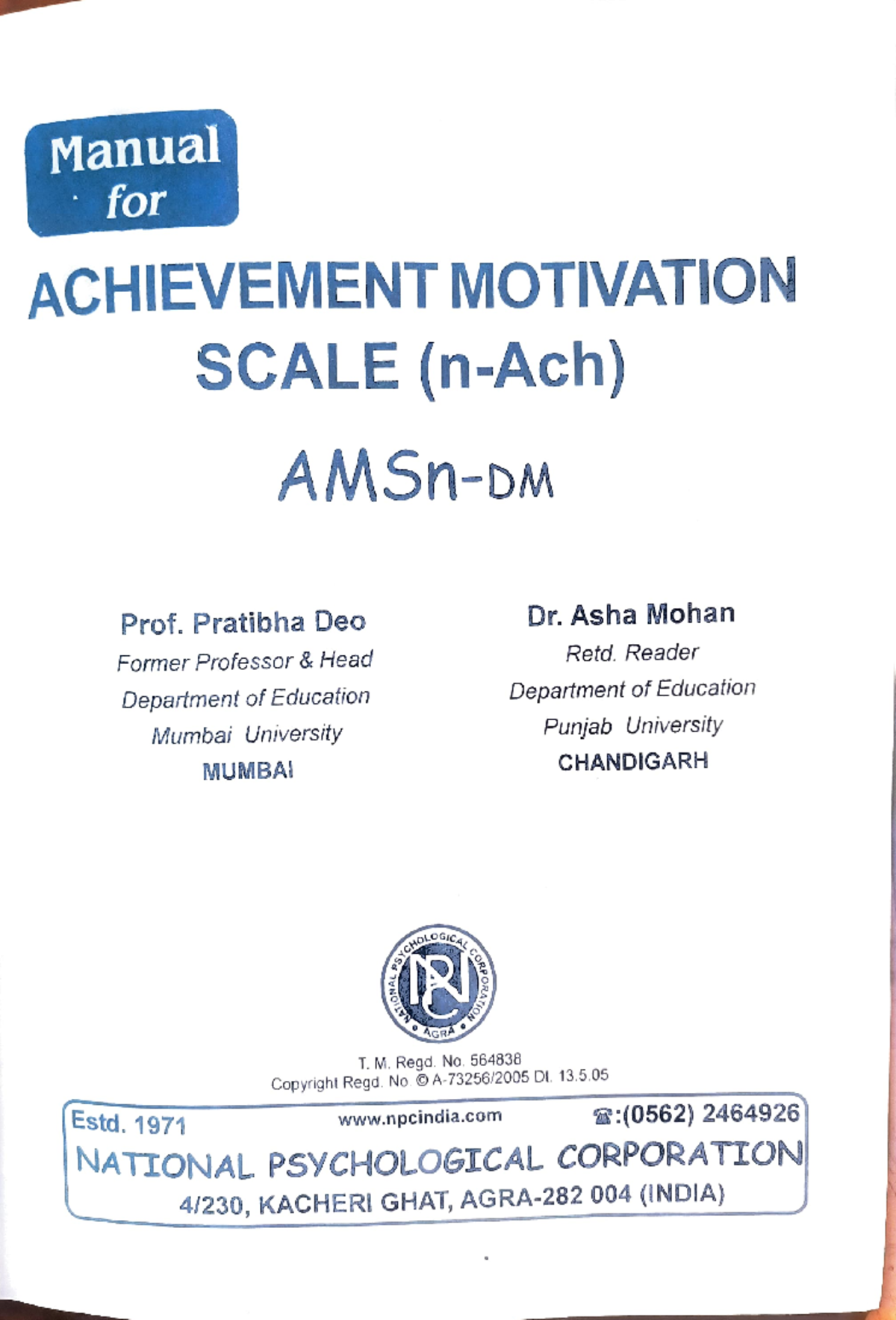 AMC - Manual for ACHIEVEMENT MOTIVATION SCALE (n-Ach) AMSn-DM Prof ...
