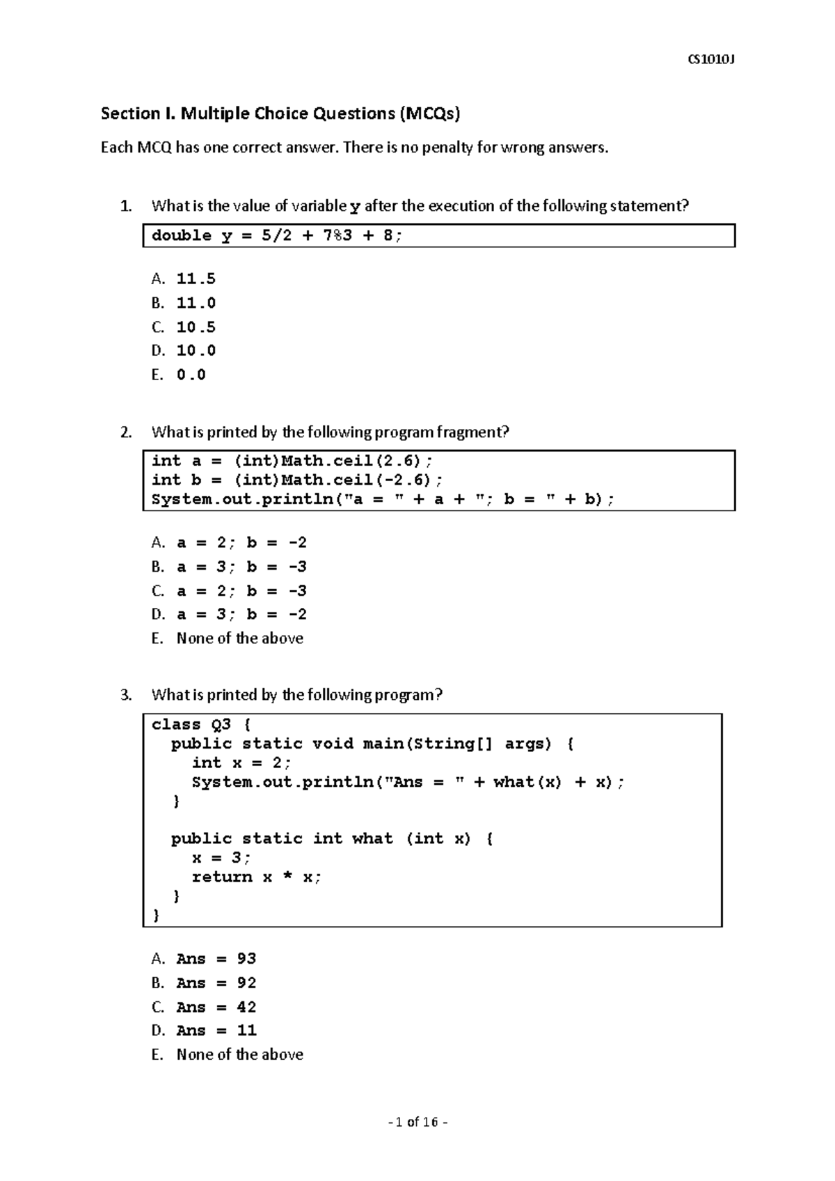Practice Paper 2 for Midterms - Section I. Multiple Choice Questions ...