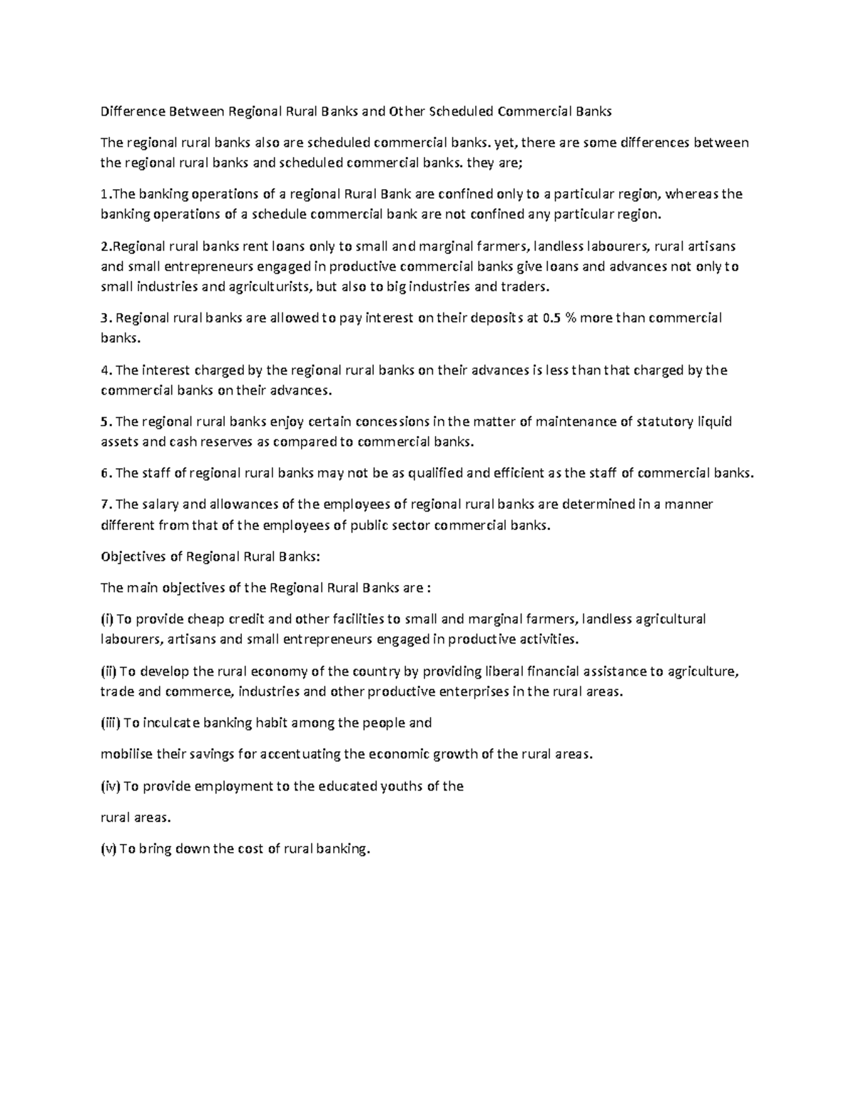 Difference Between Regional Rural Banks AND Other Scheduled Commercial