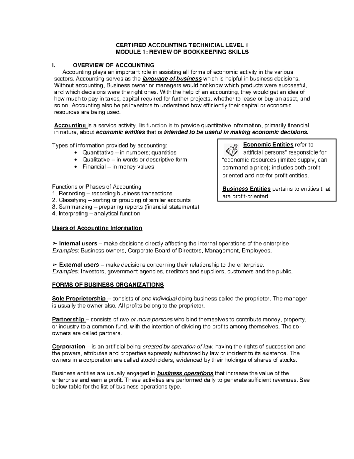 CAT 1- Module 1 - Reviewer - CERTIFIED ACCOUNTING TECHNICIAL LEVEL 1 ...