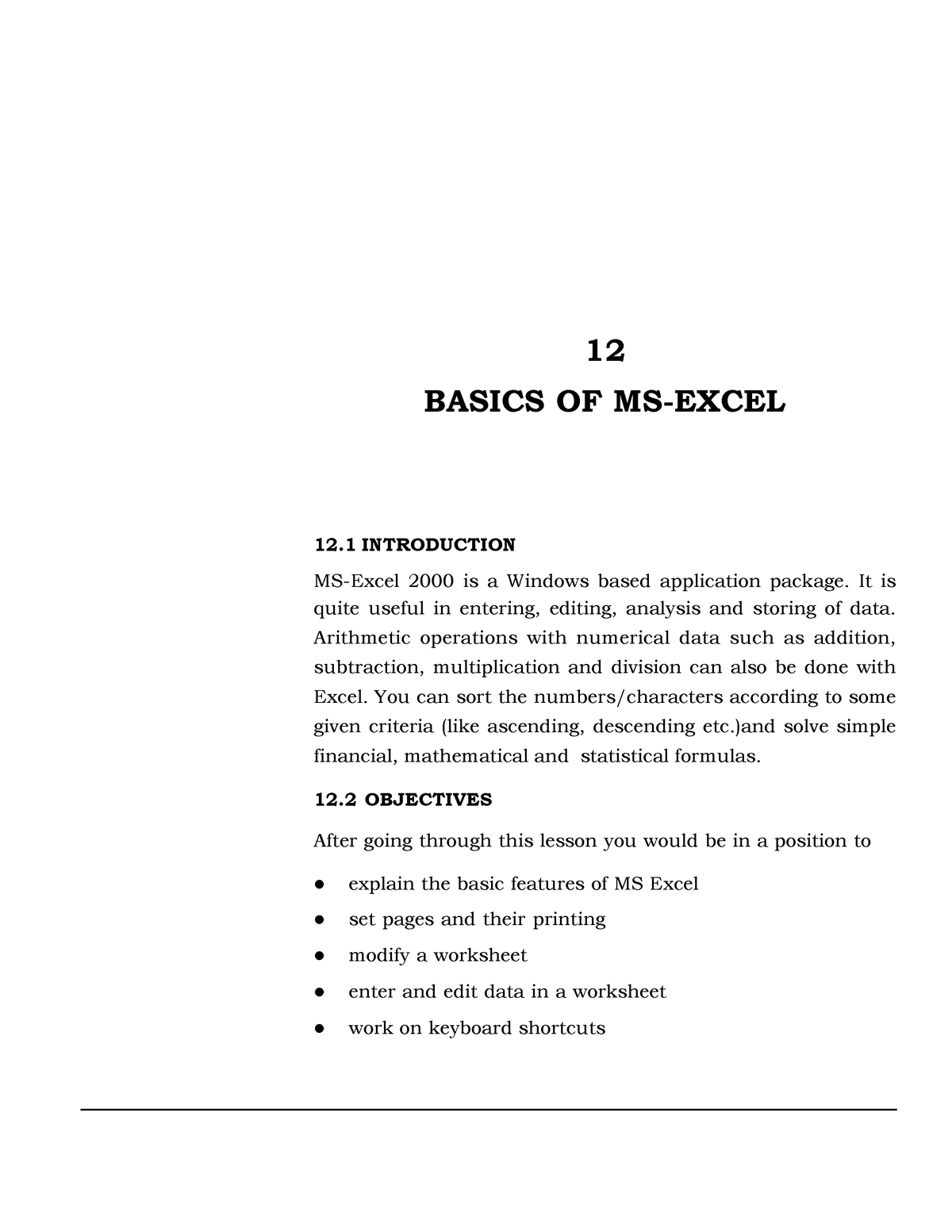 Basics Of MS- Excel - 12 BASICS OF MS-EXCEL 12 INTRODUCTION MS-Excel ...