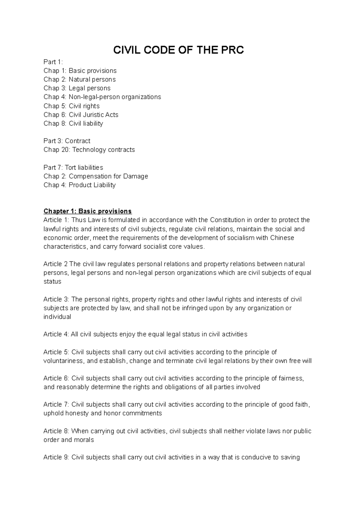 Civil Code of PRC final Midterm notes CIVIL CODE OF THE PRC Part 1