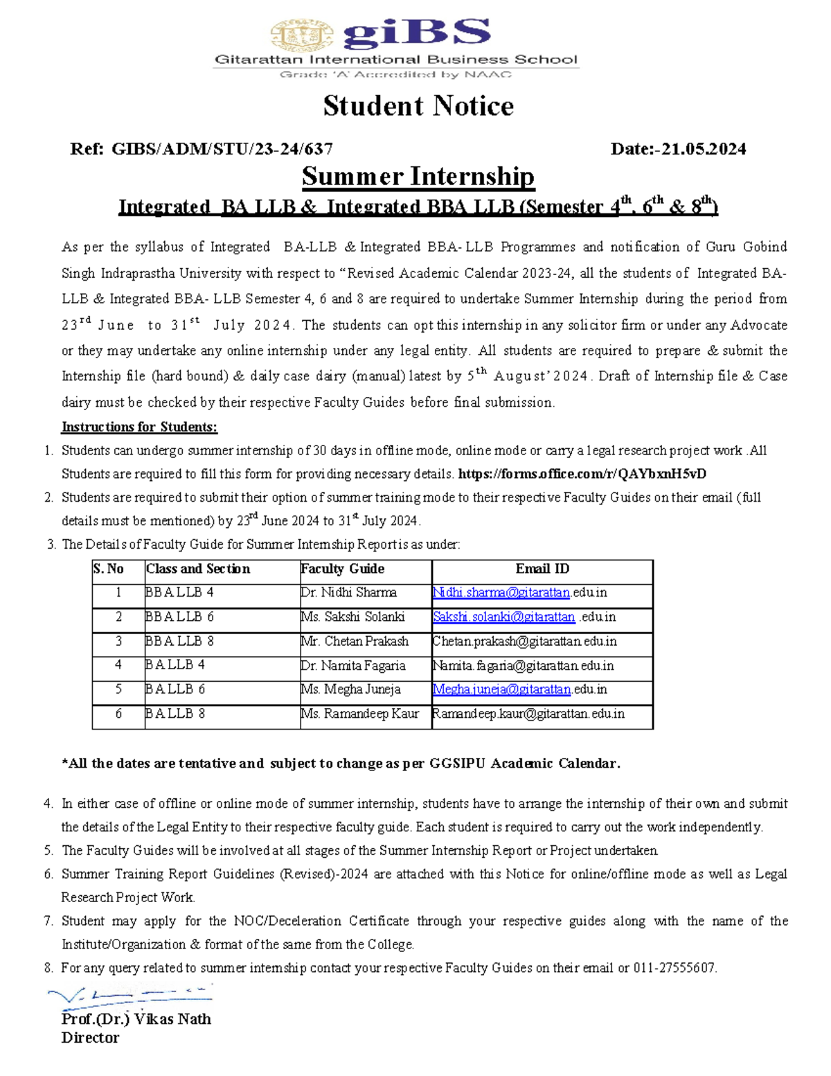 637-Summer Internship Int.BA-LLB & BBA-LLB Sem-4,6,8 Held on 23.06.2024 ...