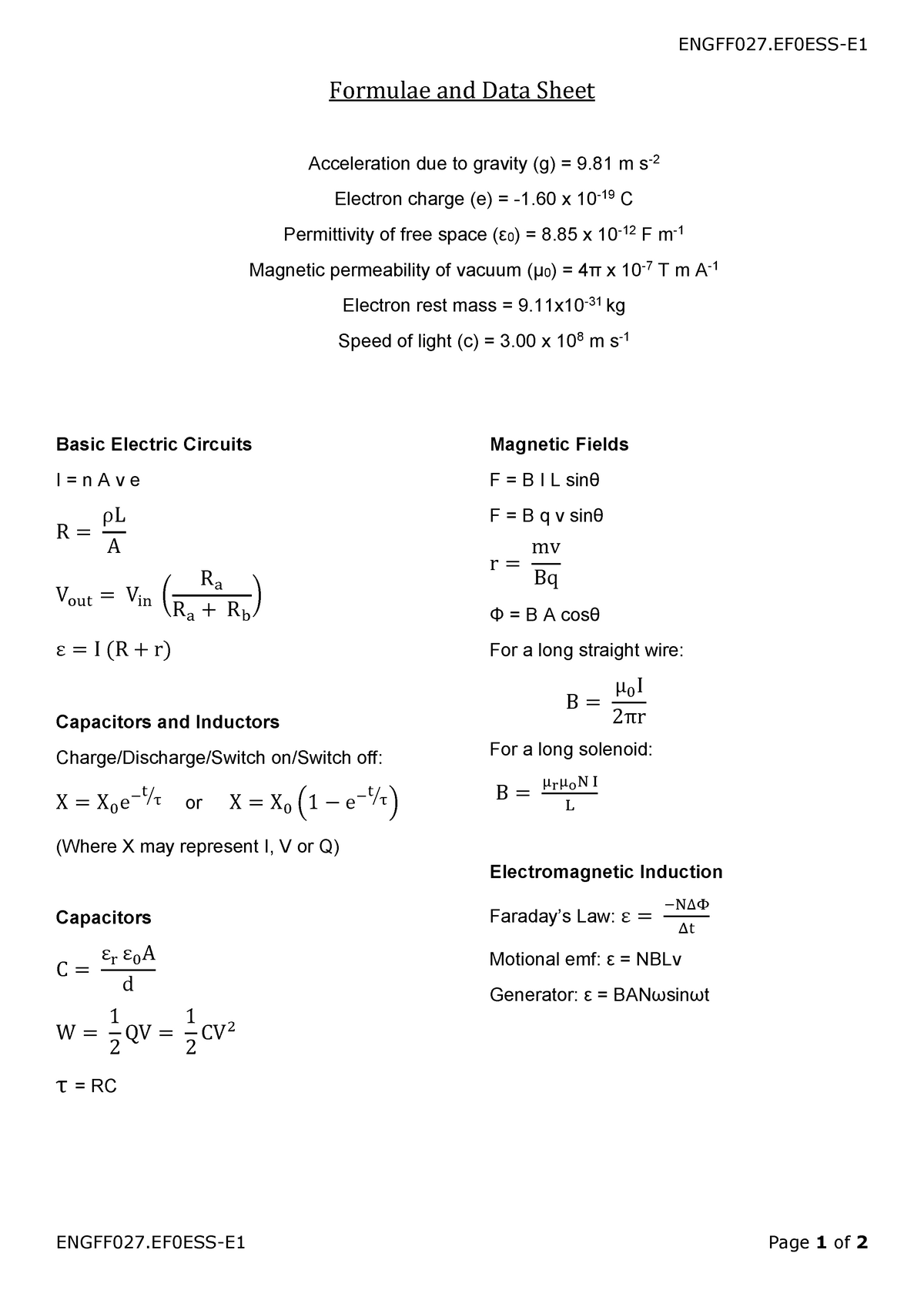 Final Formulae Sheet 18 19 Studocu