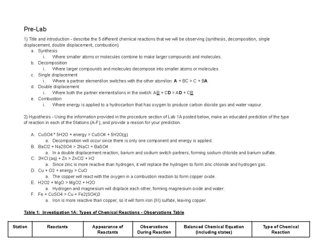 Chemical Observations Lab - Pre-Lab Title and introduction - describe ...