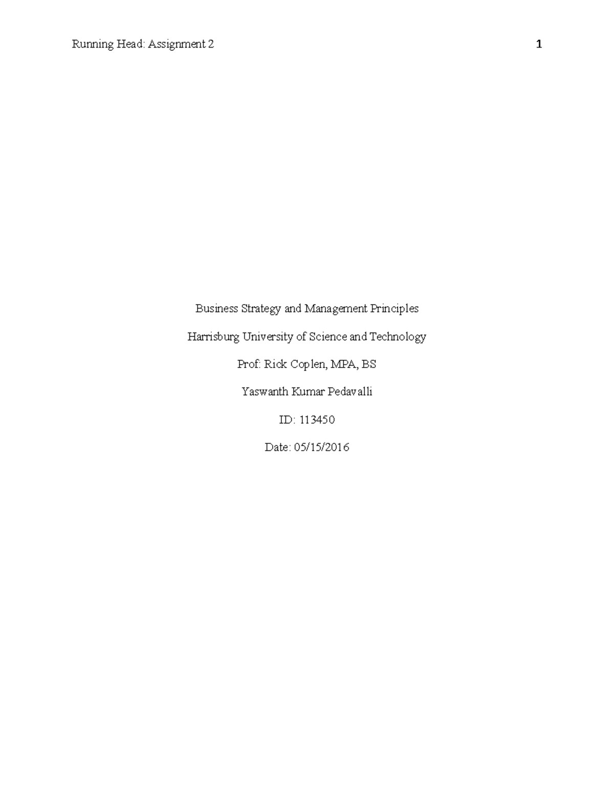 Business Strategy and Management Princip - Running Head: Assignment 2 ...
