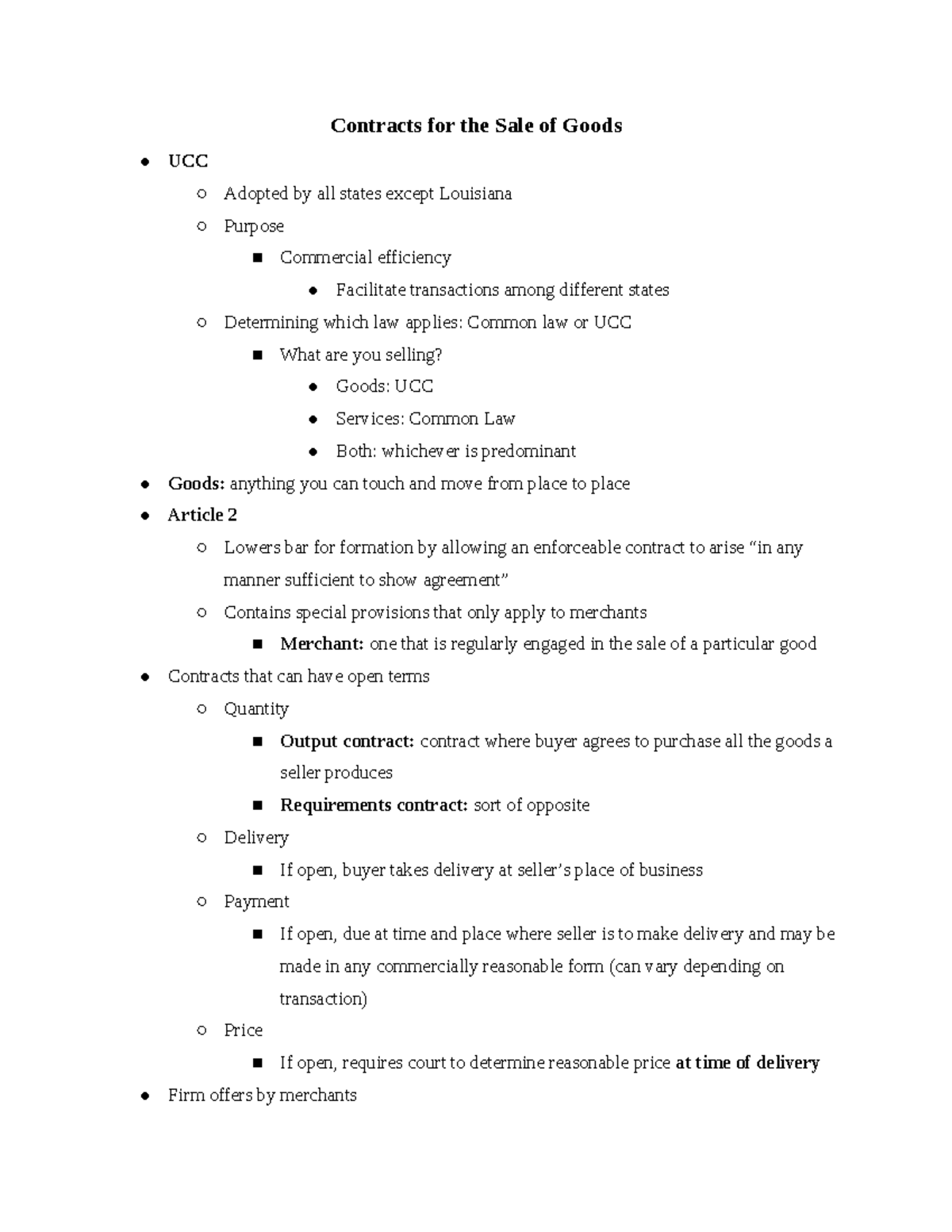 Ch 8 Notes - Contracts for the Sale of Goods UCC Adopted by all states ...