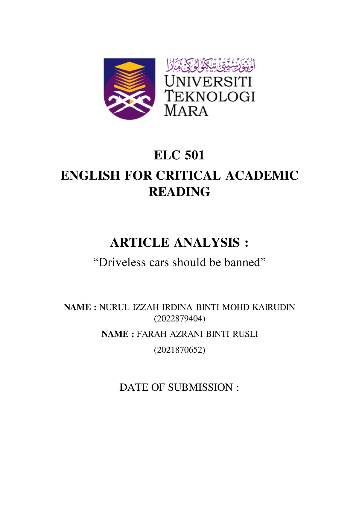 ELC501 Written Analysis Article - ELC 501 ENGLISH FOR CRITICAL ACADEMIC ...