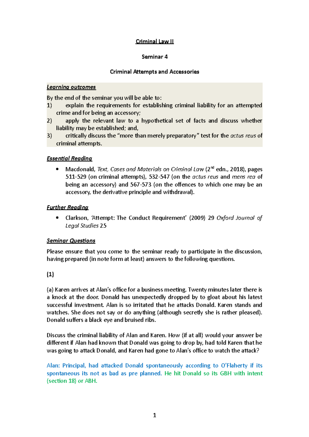 Criminal Law II Seminar 4 Criminal Attempts and Accessories Studocu