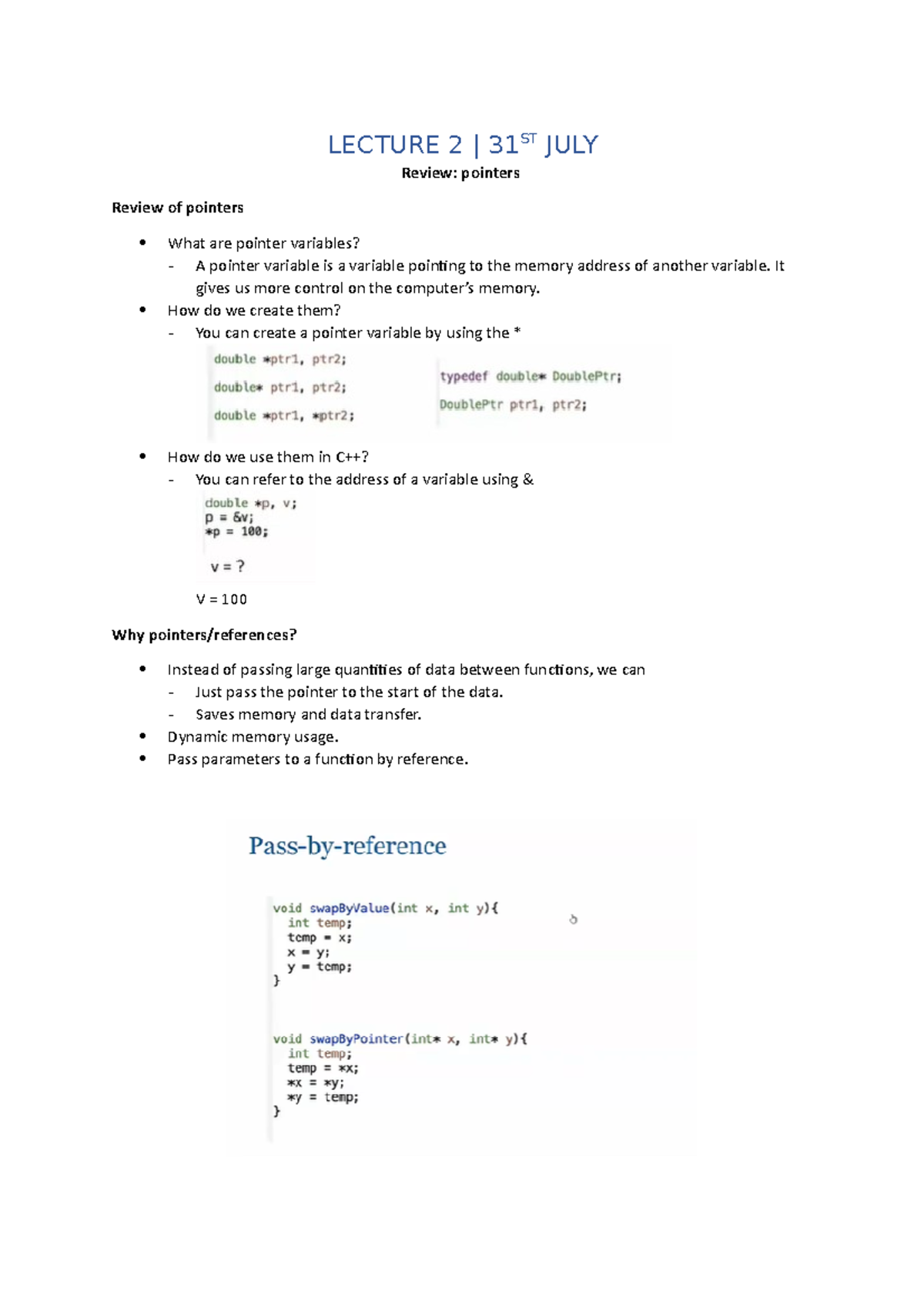 ADDS exam summary - LECTURE 2 | 31ST JULY Review: pointers Review of ...