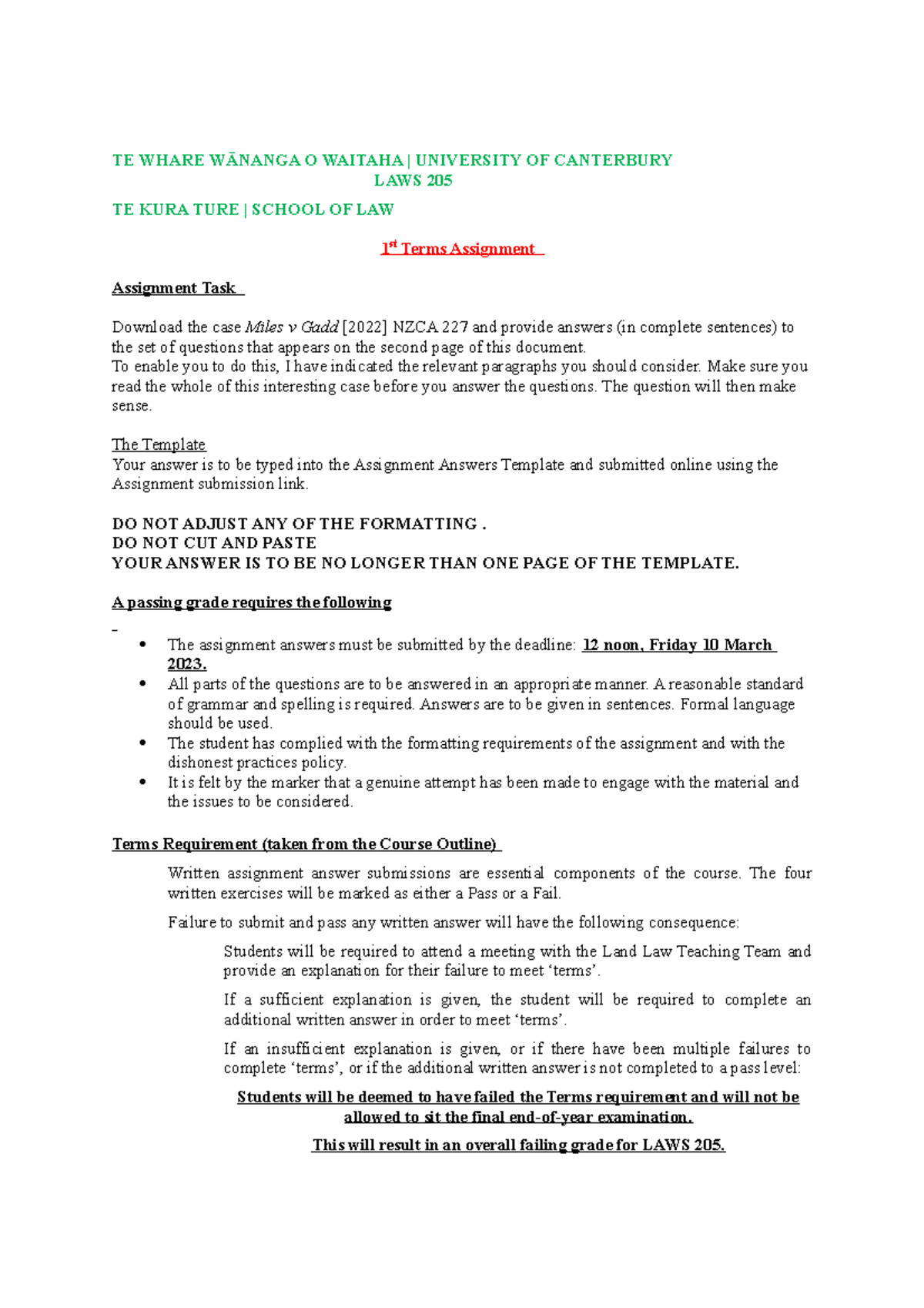 2023 1st Terms Assignment - TE WHARE WĀNANGA O WAITAHA | UNIVERSITY OF ...