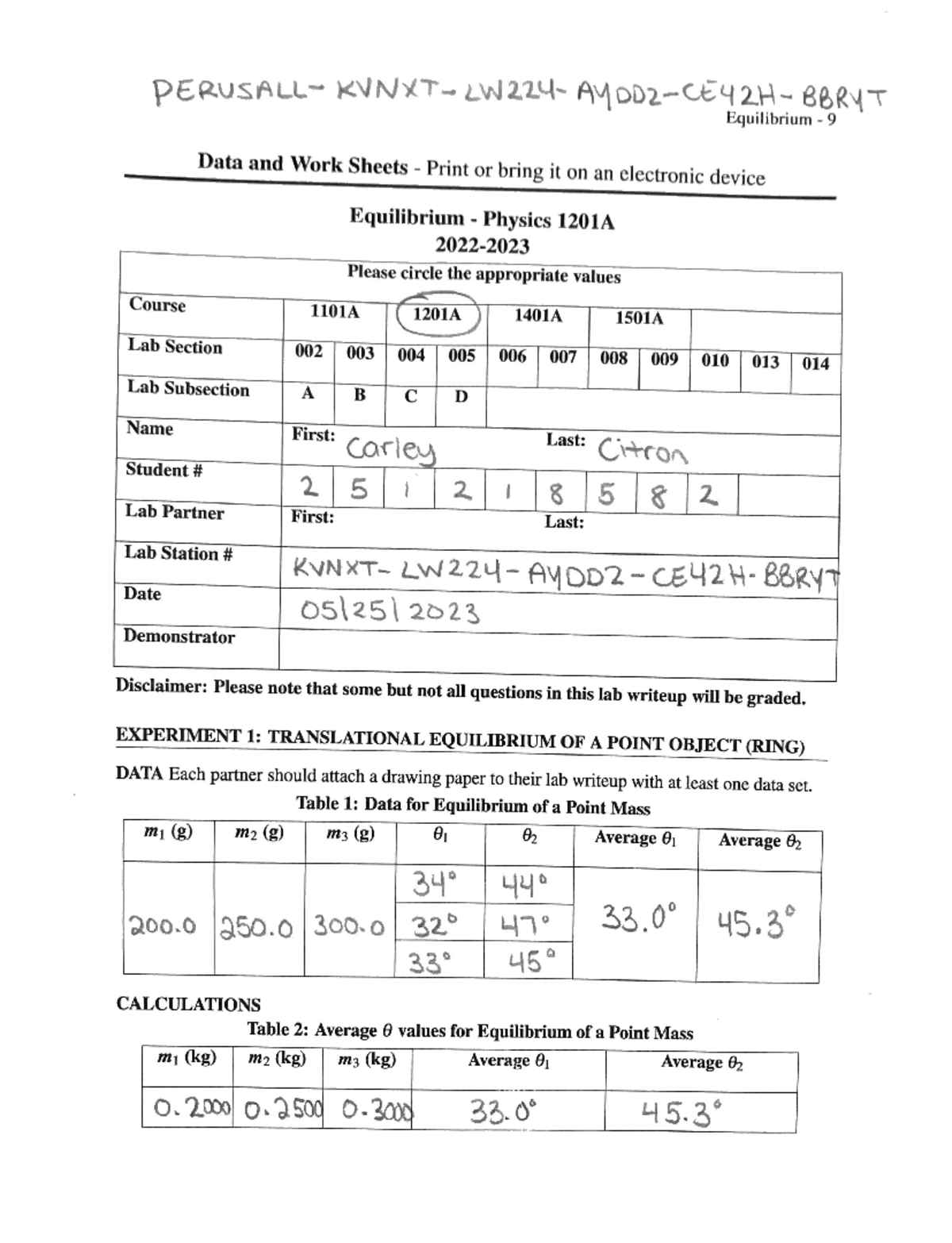 Physics Lab #3 - Equilibrium Lab - PERUSALL~ KVNXT~ 2W224~ Ayod2-CEY4 ...