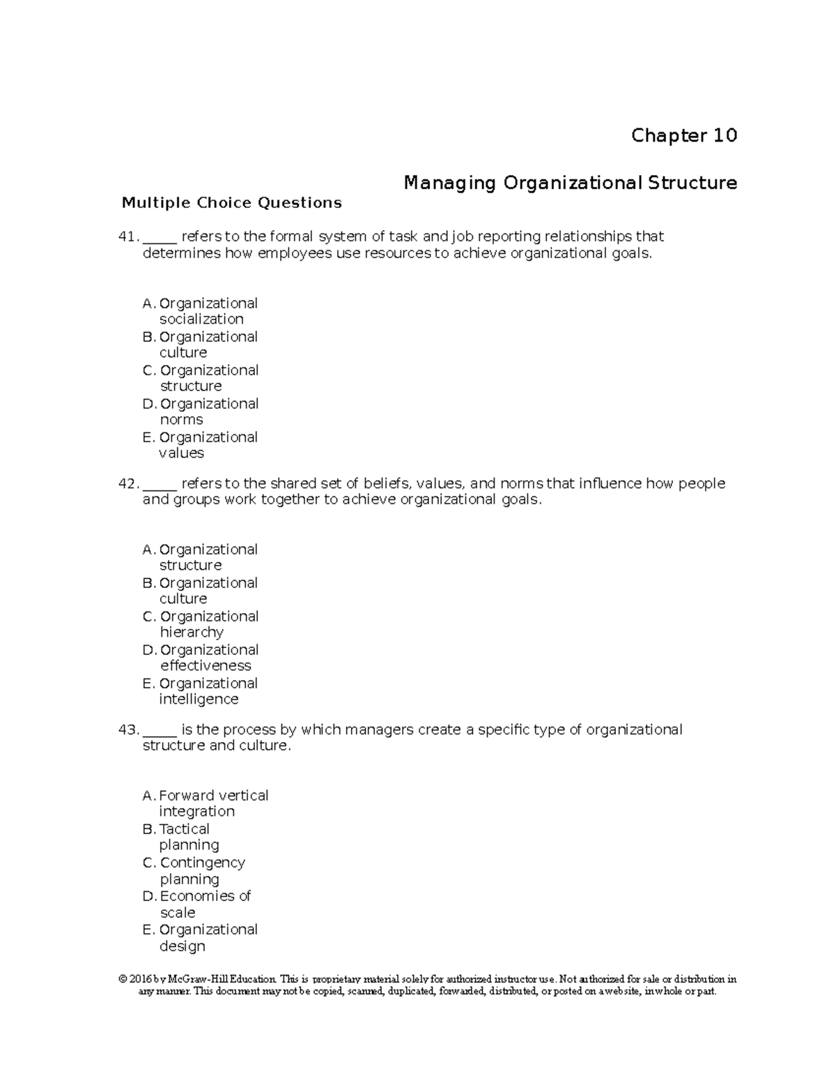 Ch09 - Test Bank - Chapter 10 Managing Organizational Structure ...