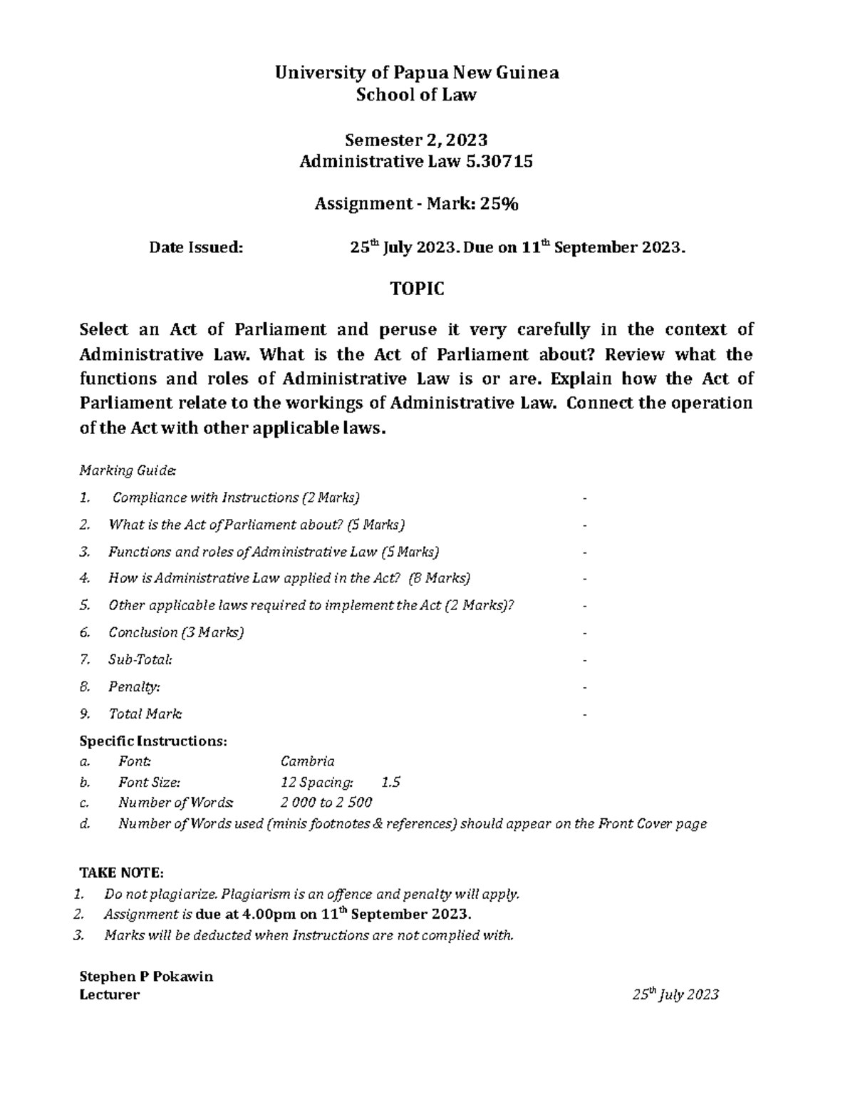 Admin Law 2023 - Assignment - University of Papua New Guinea School of ...