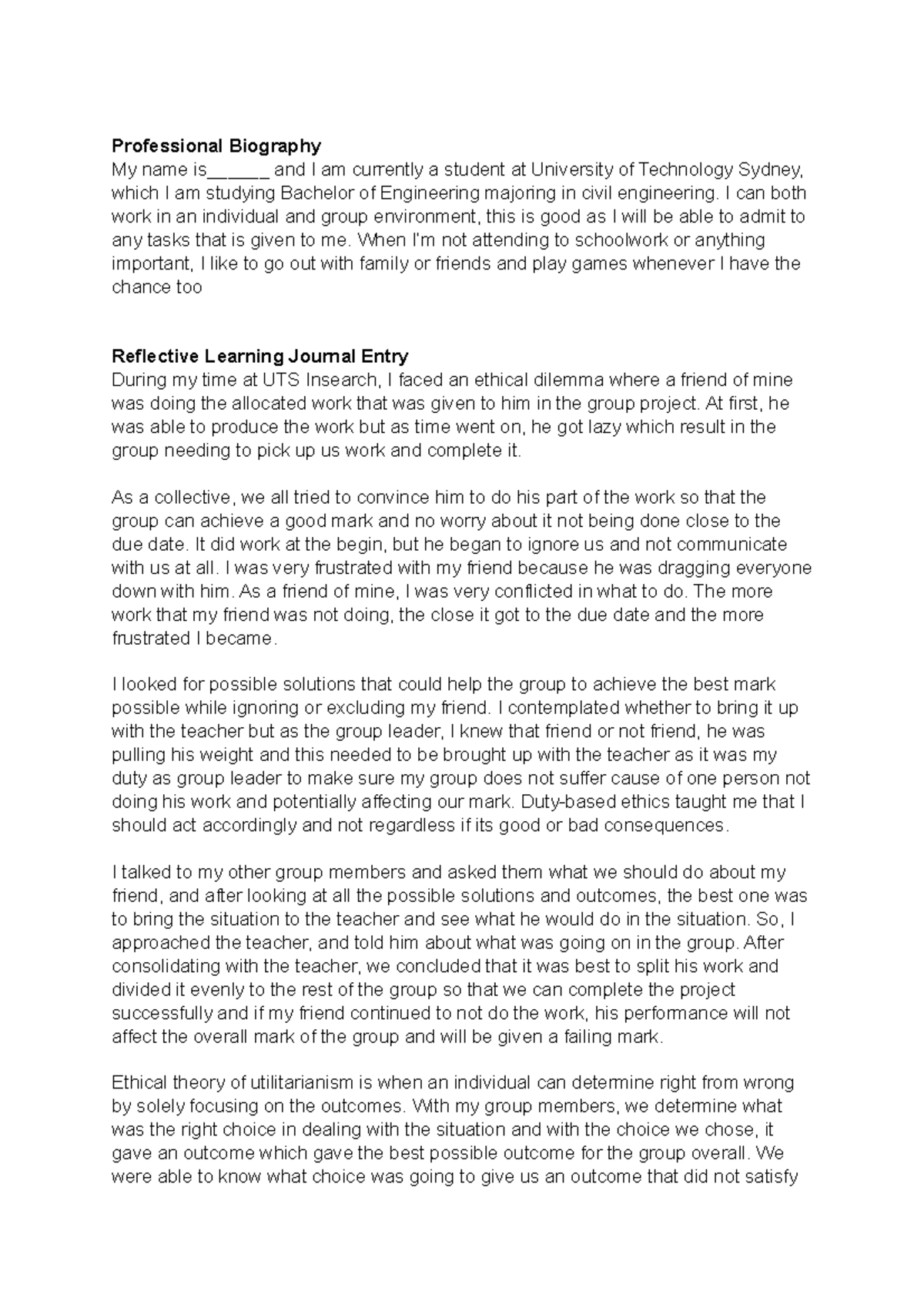 Reflective Bio - Other - Professional Biography My name is______ and I ...