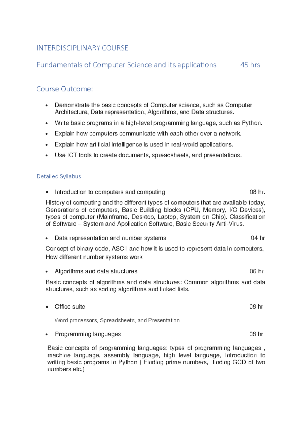IDC Syllabus Fundamentals of Comp Sc - INTERDISCIPLINARY COURSE ...