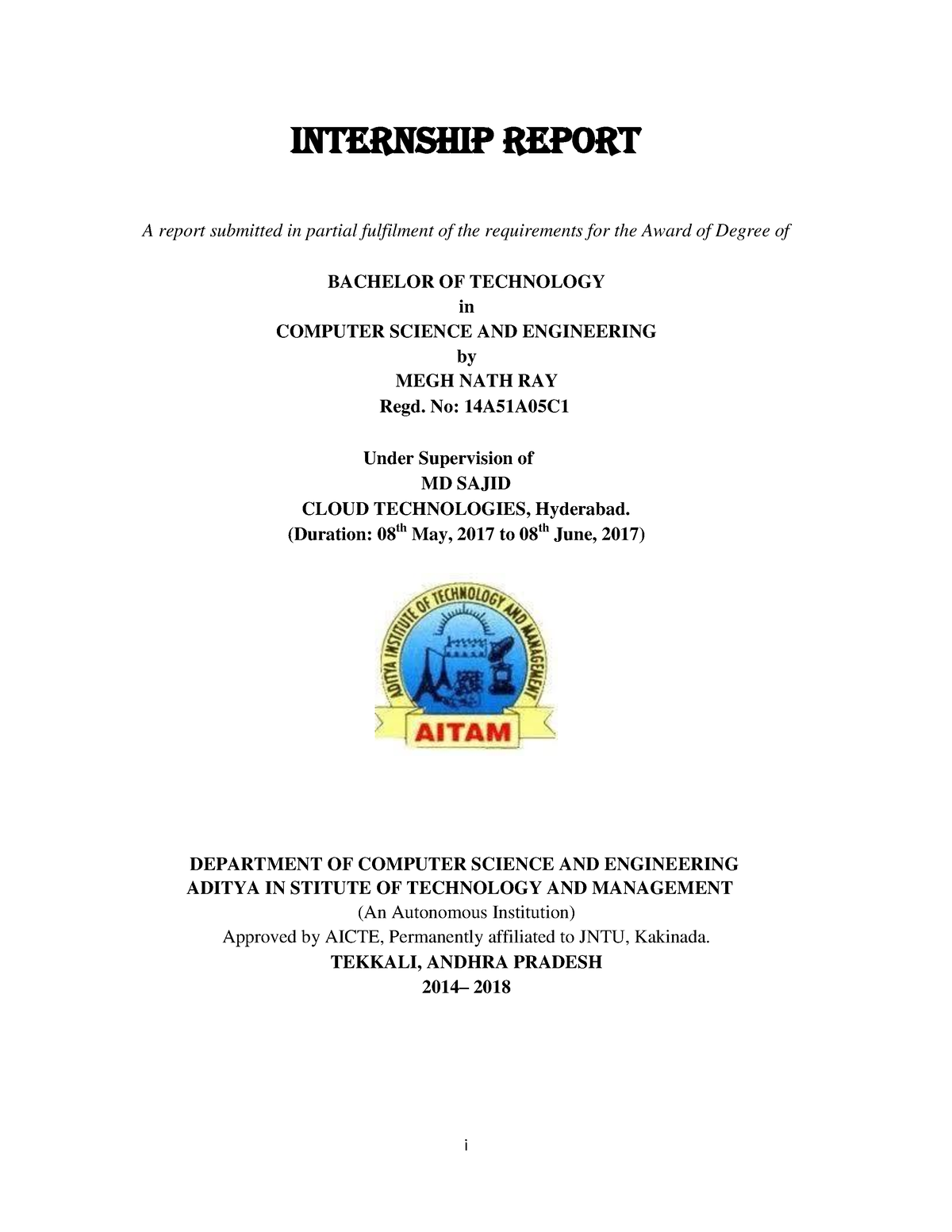 Internship Report Sample 3 I INTERNSHIP REPORT A Report Submitted In   Thumb 1200 1553 