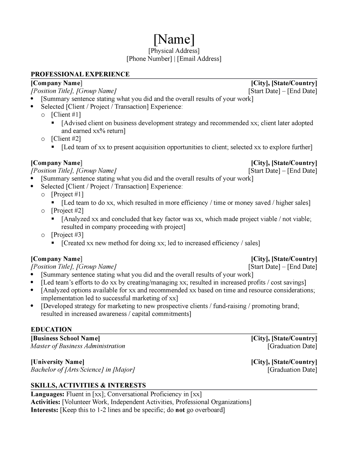 Working Full Time Investment Banking Resume Template - [Name] [Physical ...