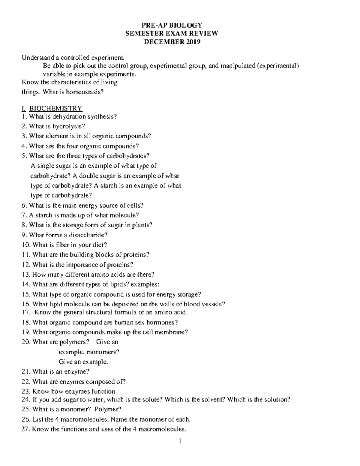 PAP+FALL+ Final+ Review+2019 - PRE-AP BIOLOGY SEMESTER EXAM REVIEW ...