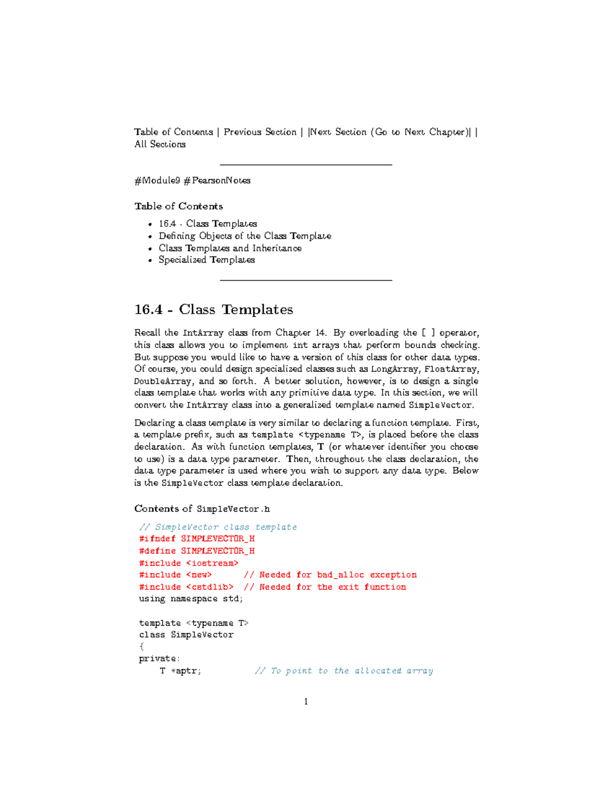 16.4 - Class Templates - Table of Contents | Previous Section | [Next ...