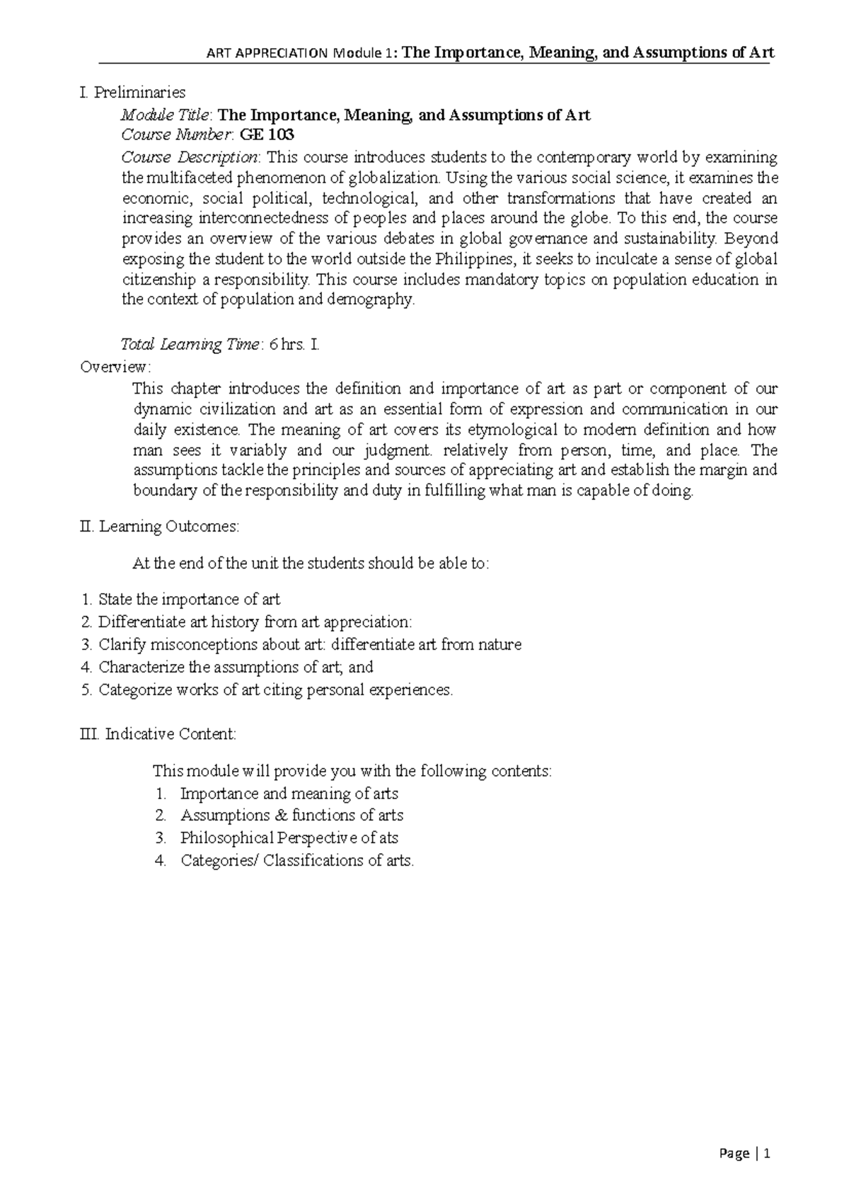 Art Appreciation Module Chapter 1 Final Copy - I. Preliminaries Module ...