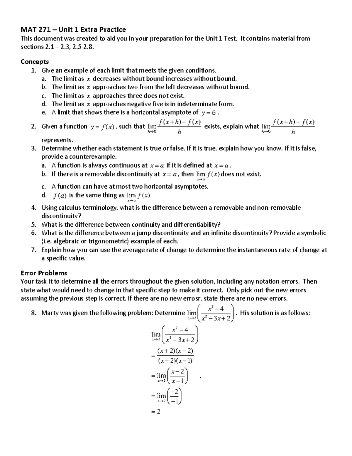 MAT271-Extra Practice-Unit1 1 - MAT 271 – Unit 1 Extra Practice This ...