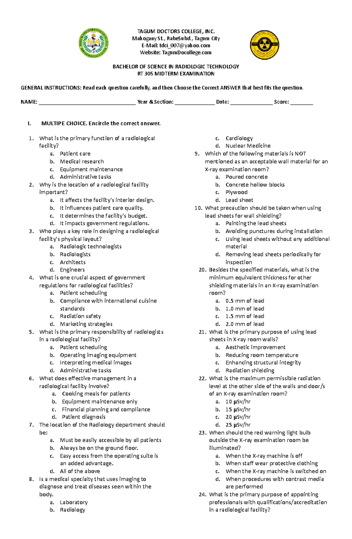 RT 305 Midterm EXAM - TAGUM DOCTORS COLLEGE, INC. Mahogany St ...