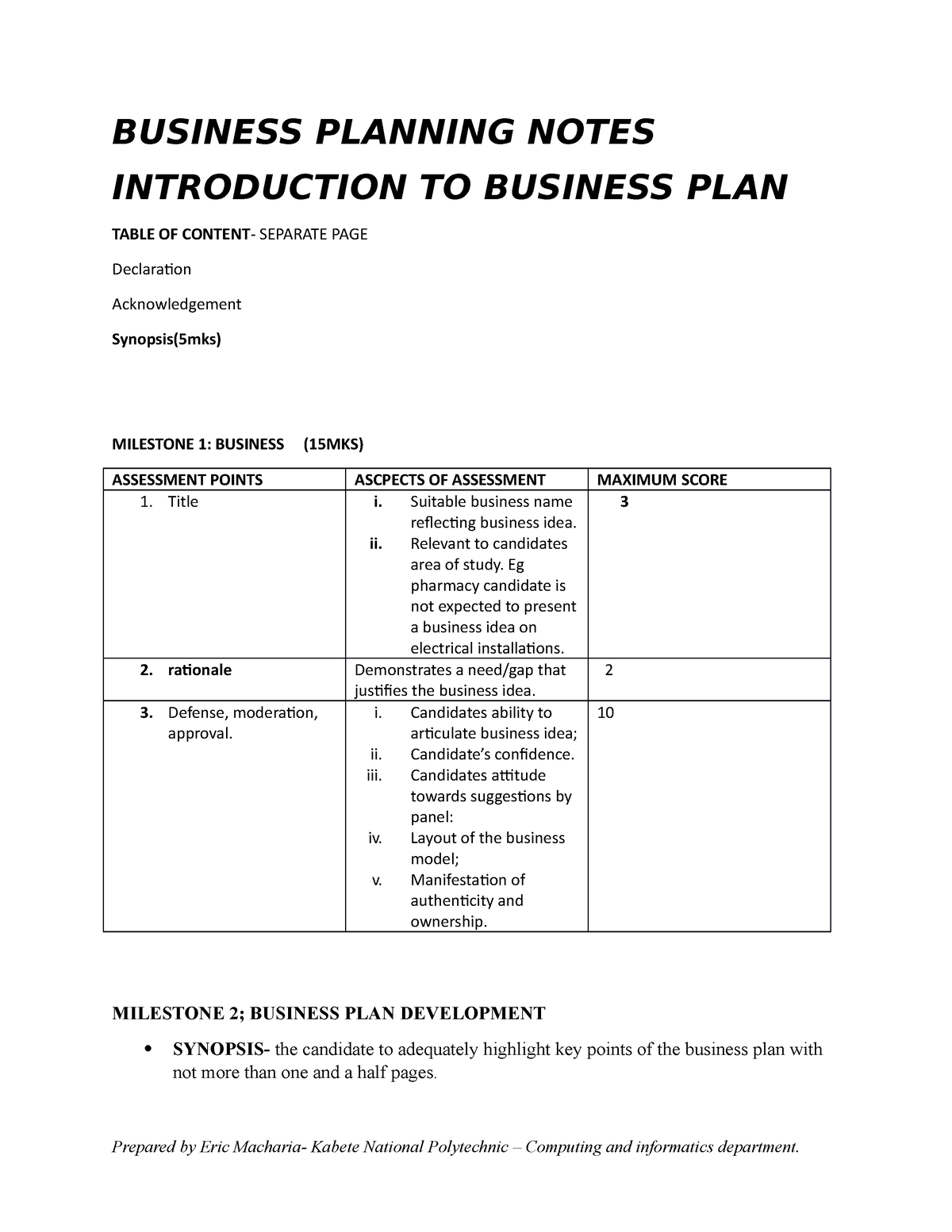 introduction to business plan notes