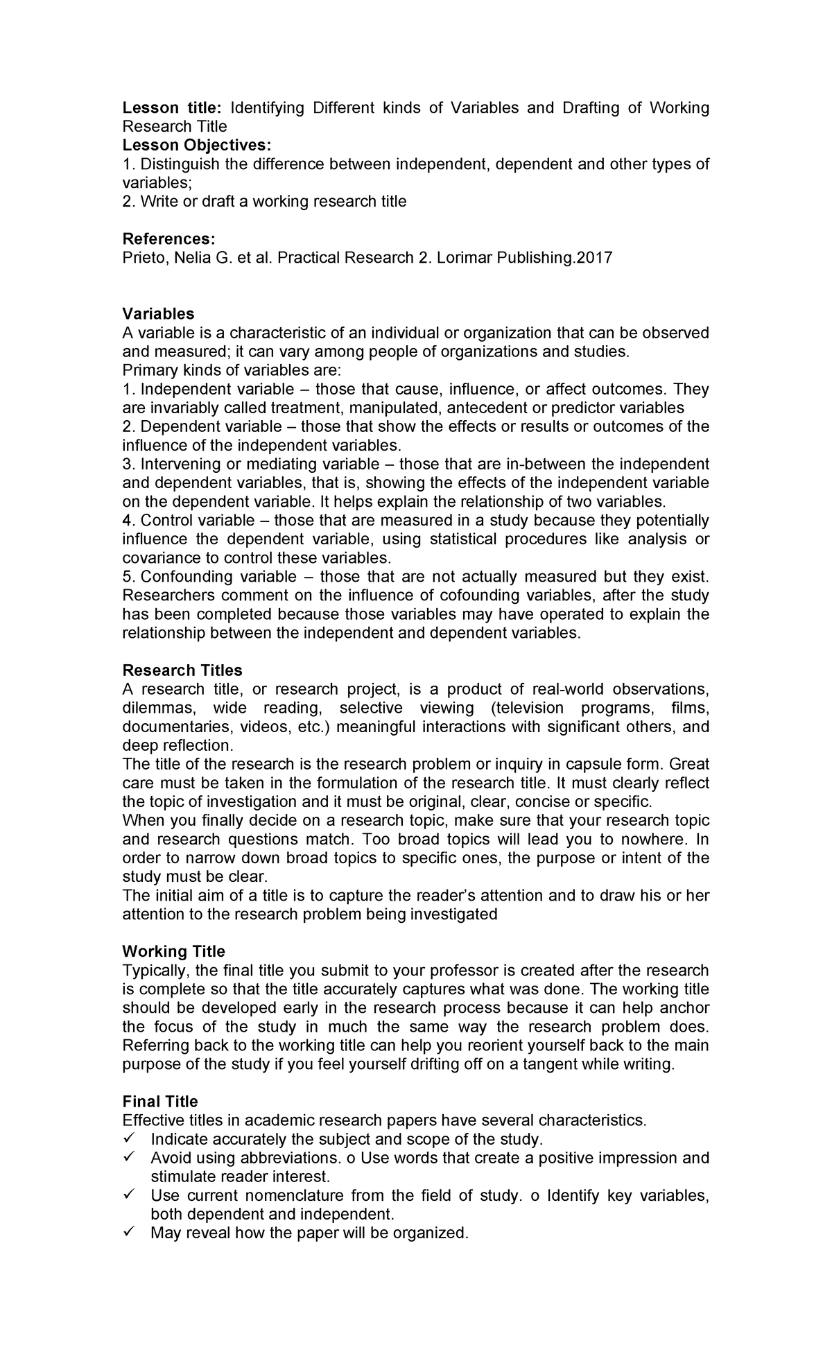 Identifying Different kinds of Variables and Drafting of Working