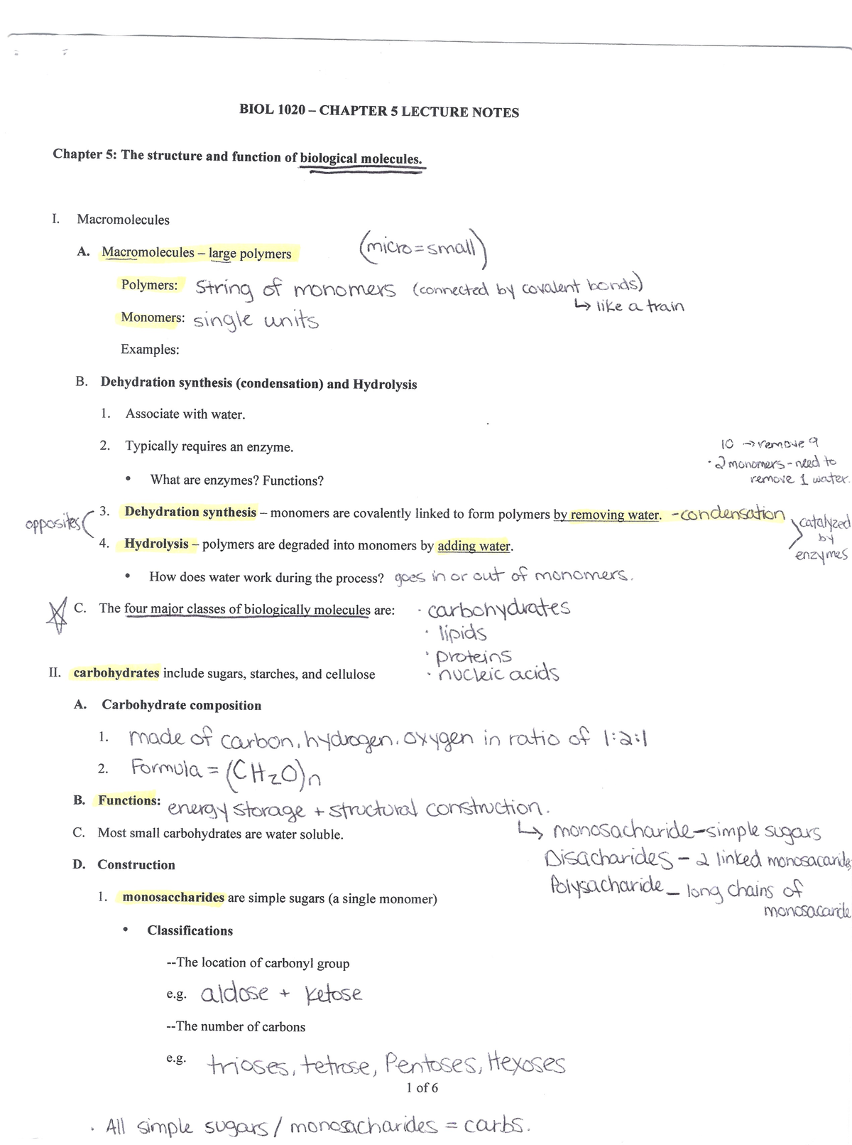 Chapter 5 Notes - Biol 1020 - BIOL 1020 - Studocu