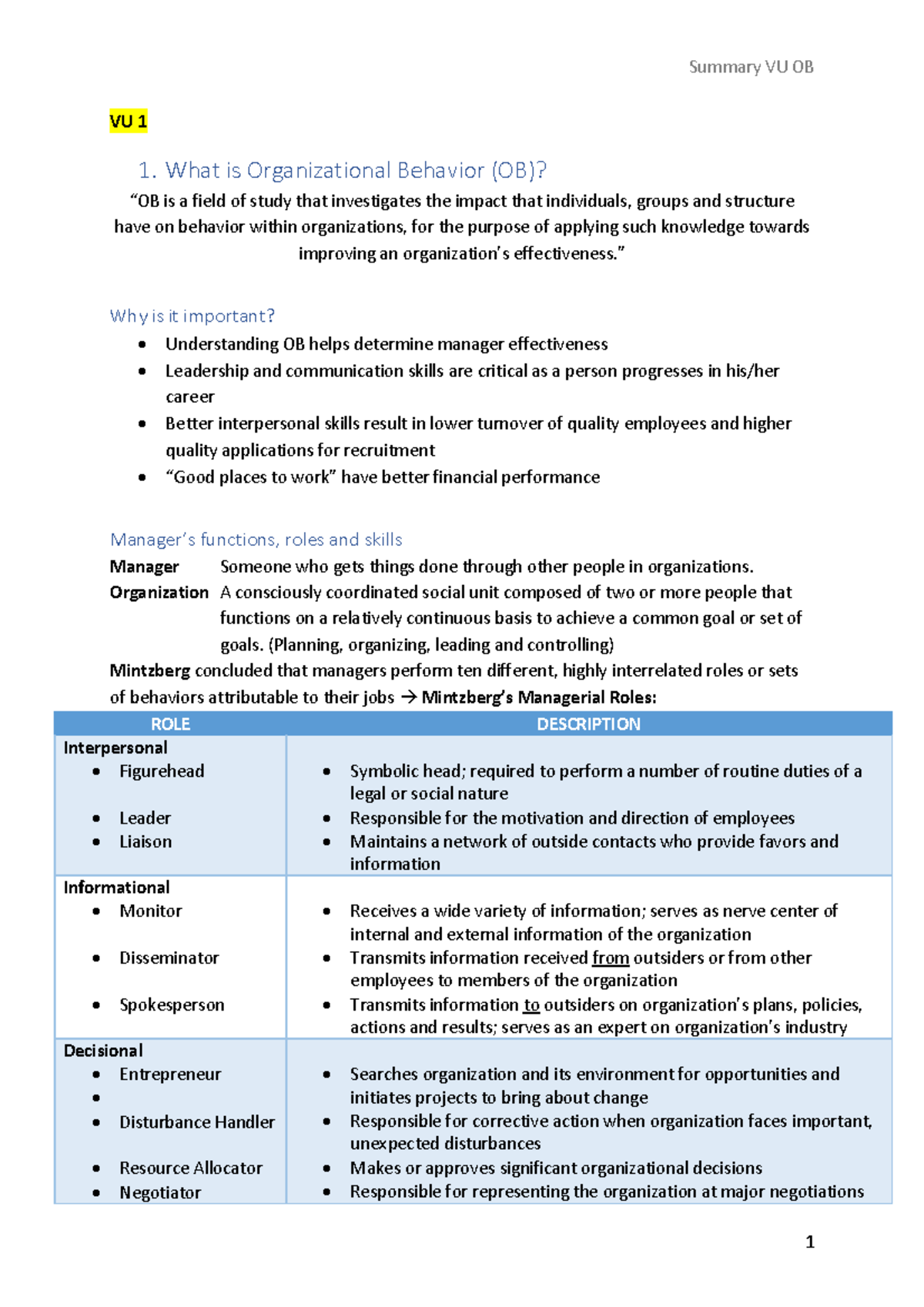 Summary VU OB - VU 1 1. What Is Organizational Behavior (OB)? “OB Is A ...