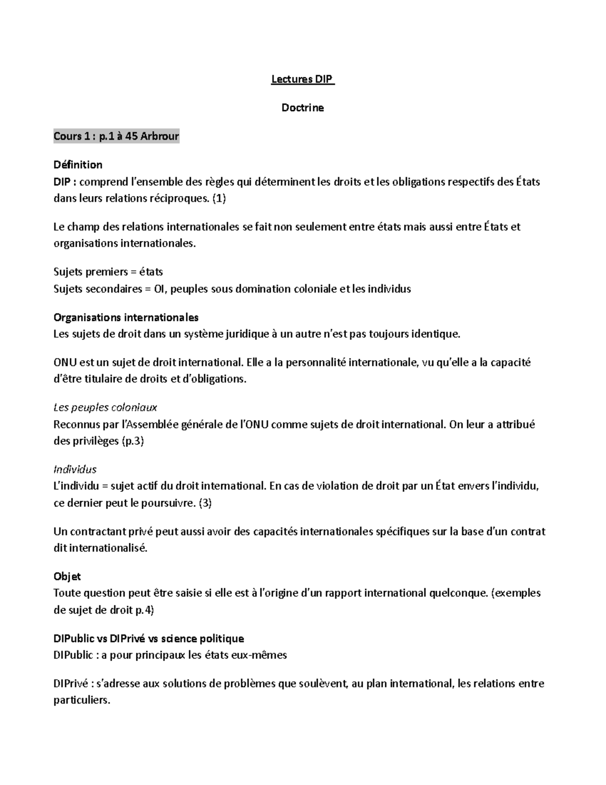 Lectures DIP Mercure Lectures DIP Doctrine Cours 1 p à 45 Arbrour